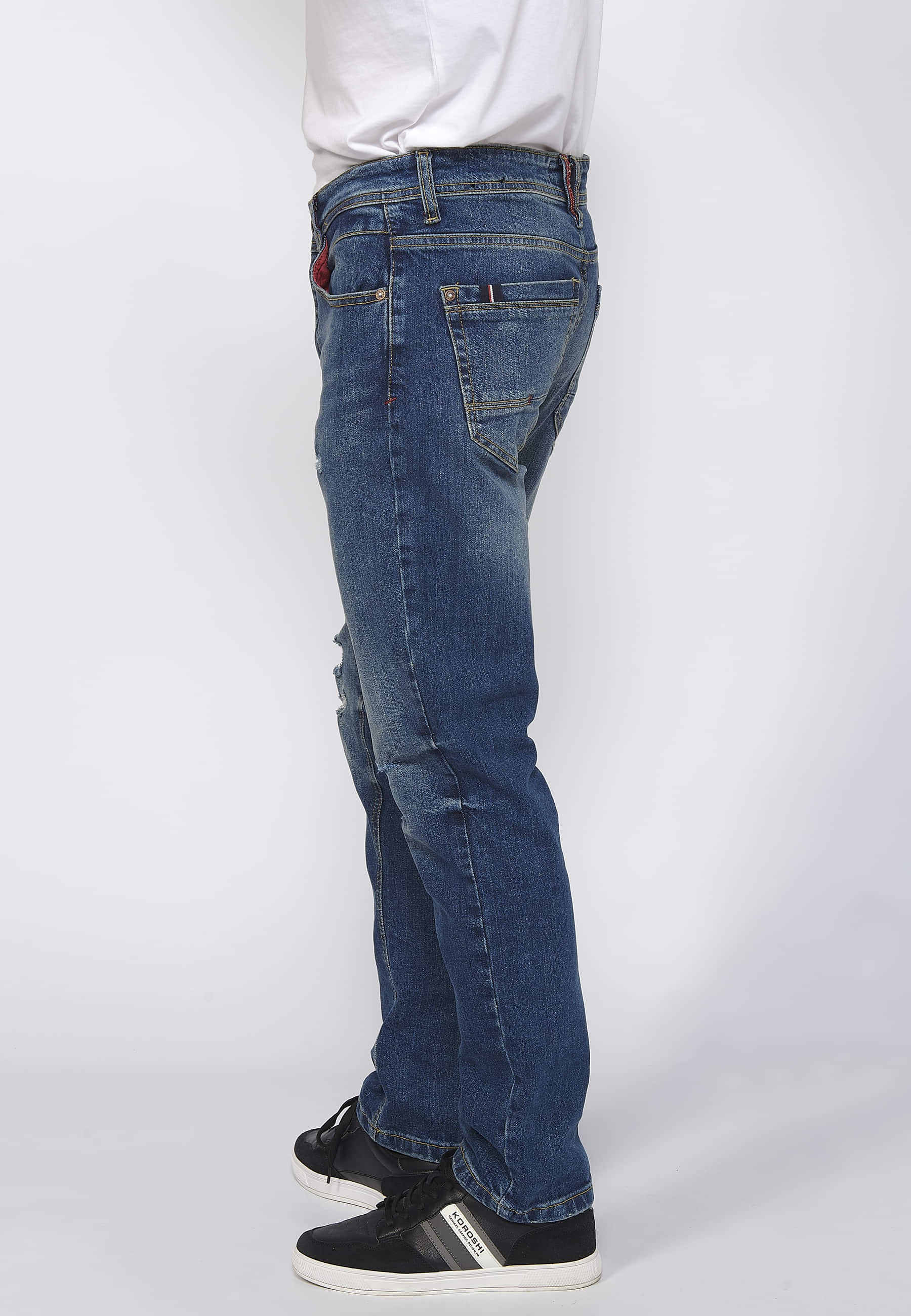 Pantalon long droit en denim coupe classique avec fermeture éclair et bouton sur le devant en bleu pour Homme 8