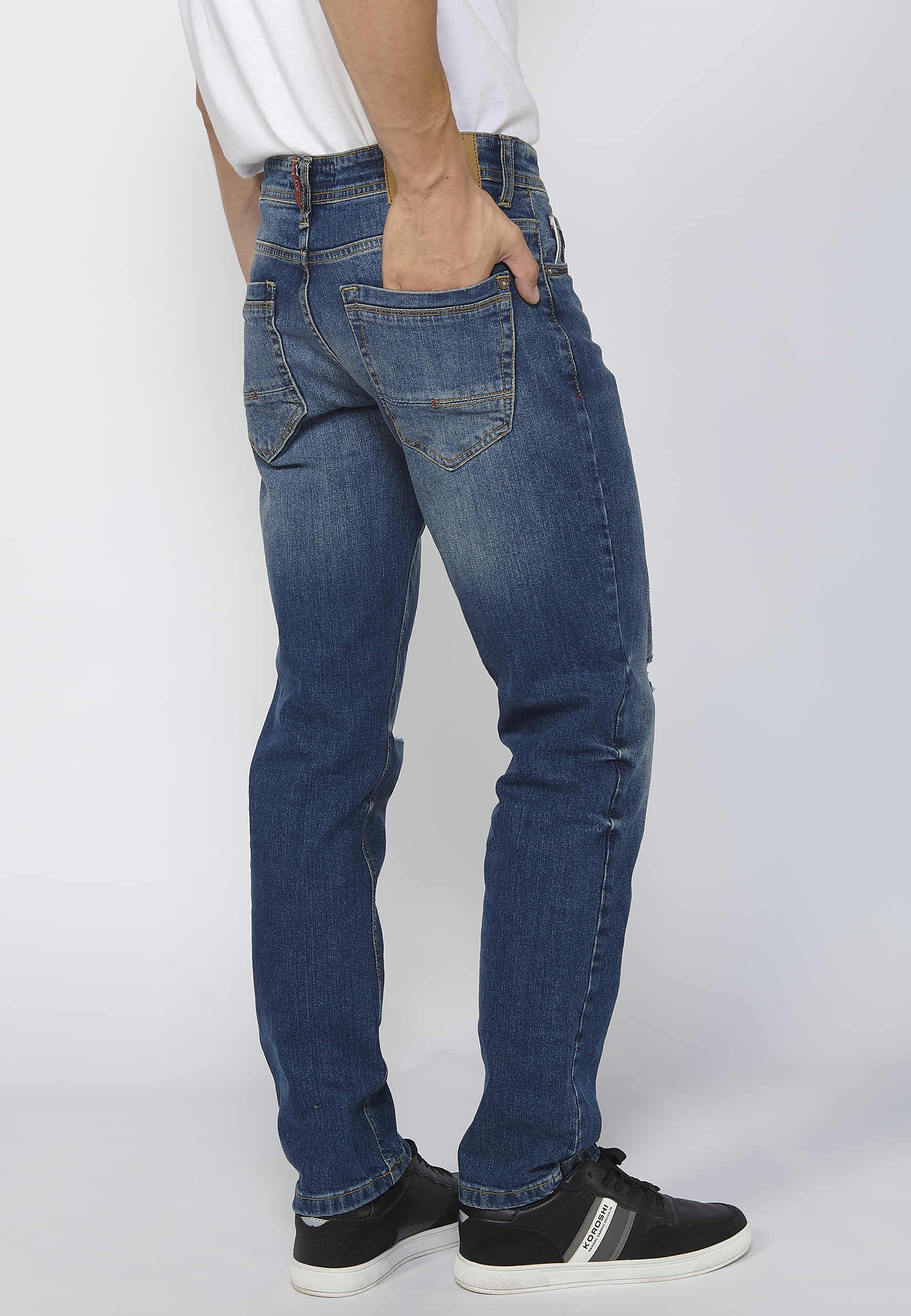 Regular fit straight denim long pants with zipper and button front closure in blue for Men 5
