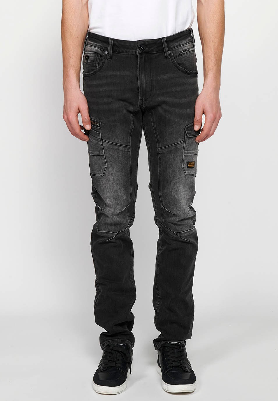 Long denim pants with front closure with zipper and button and pockets, two sides in Black for Men 1