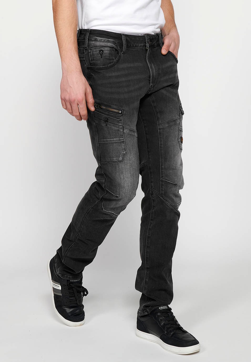 Long denim pants with front closure with zipper and button and pockets, two sides in Black for Men 2