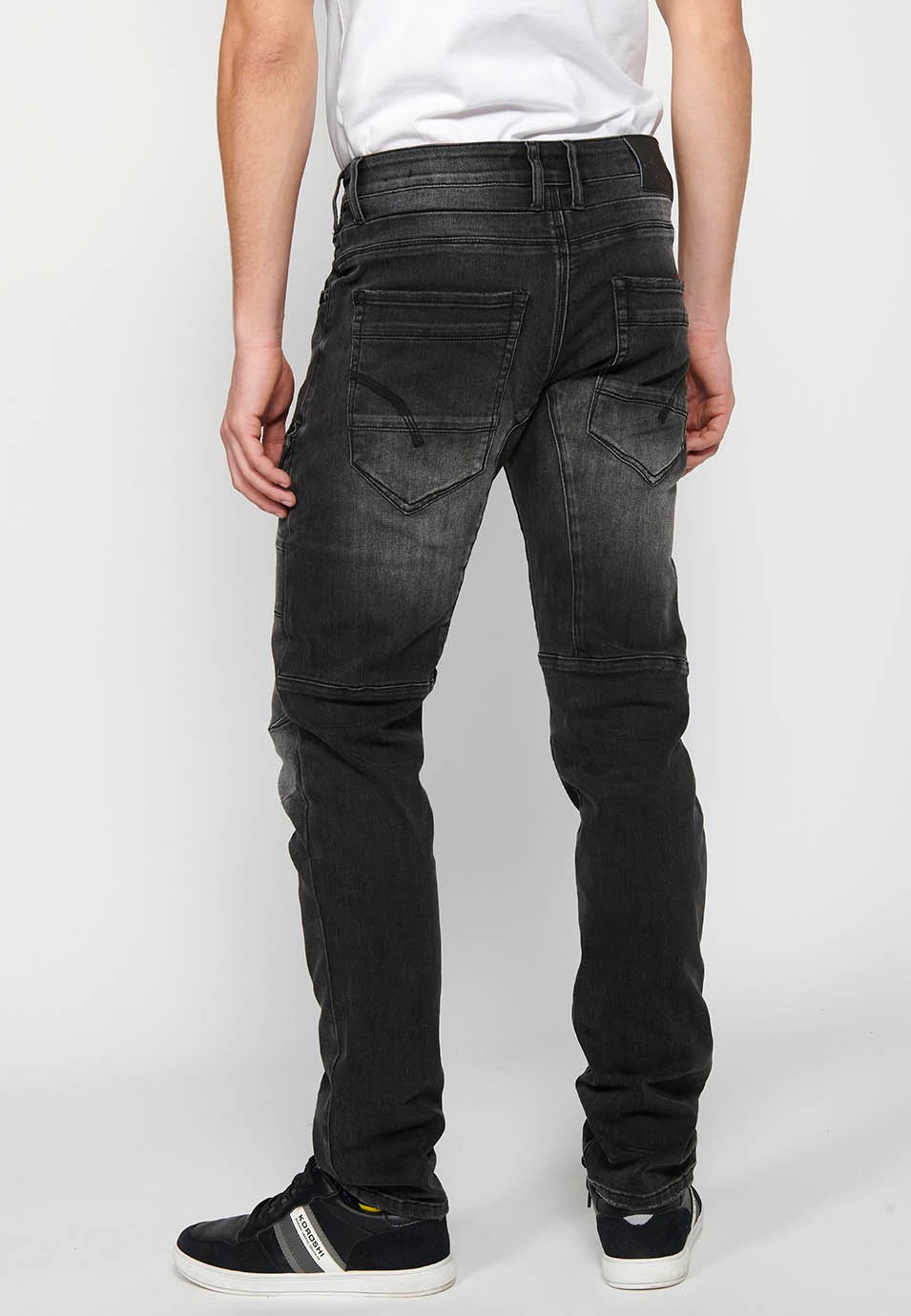 Long denim pants with front closure with zipper and button and pockets, two sides in Black for Men 4