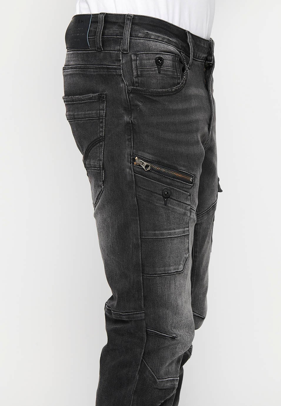 Lange Jeanshose mit Frontverschluss mit Reißverschluss und Knopf und Taschen, zwei Seiten in Schwarz für Herren 7