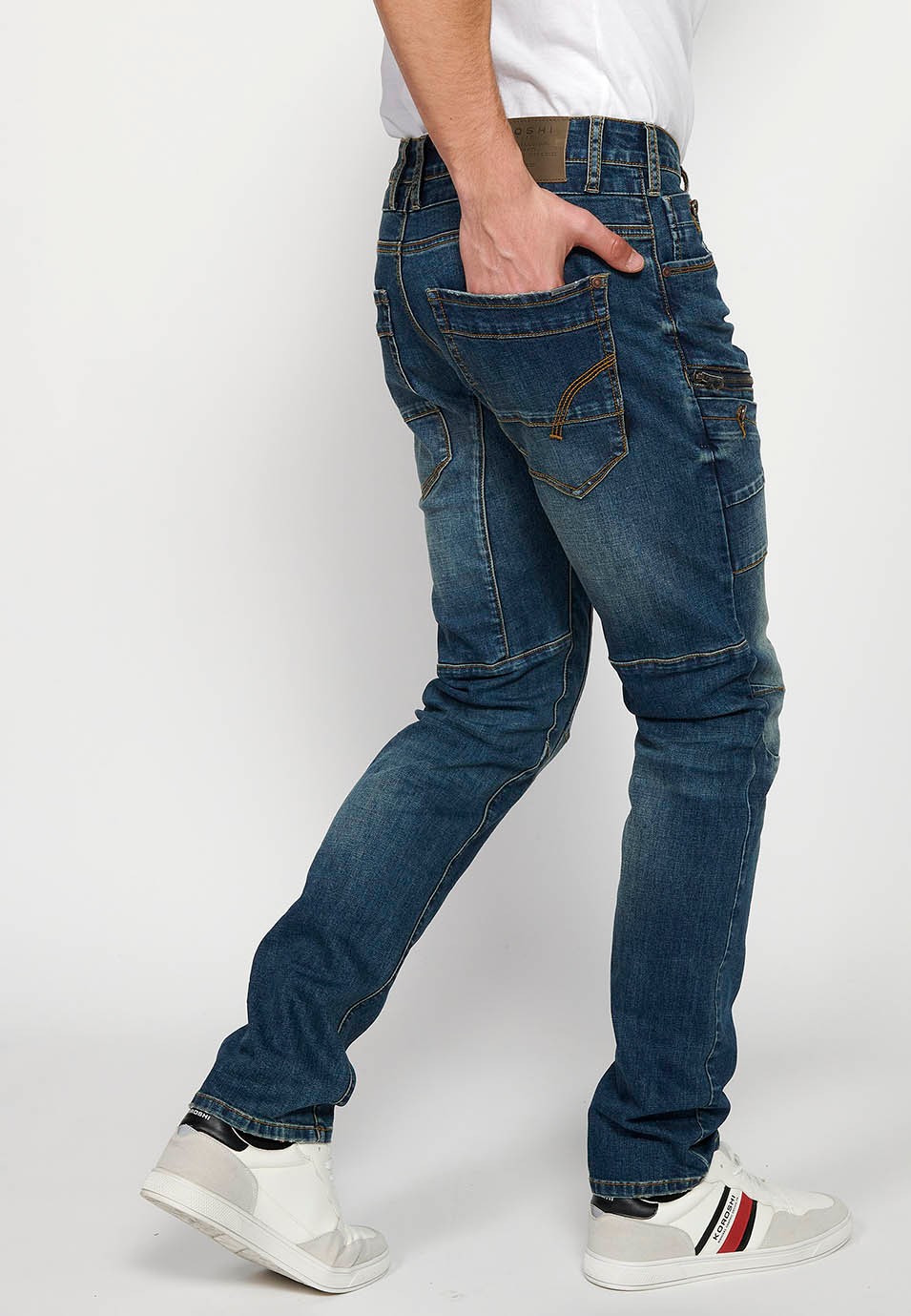 Regular fit workwear cargo denim pants with front zipper and button closure with side pockets with flap in Blue for Men