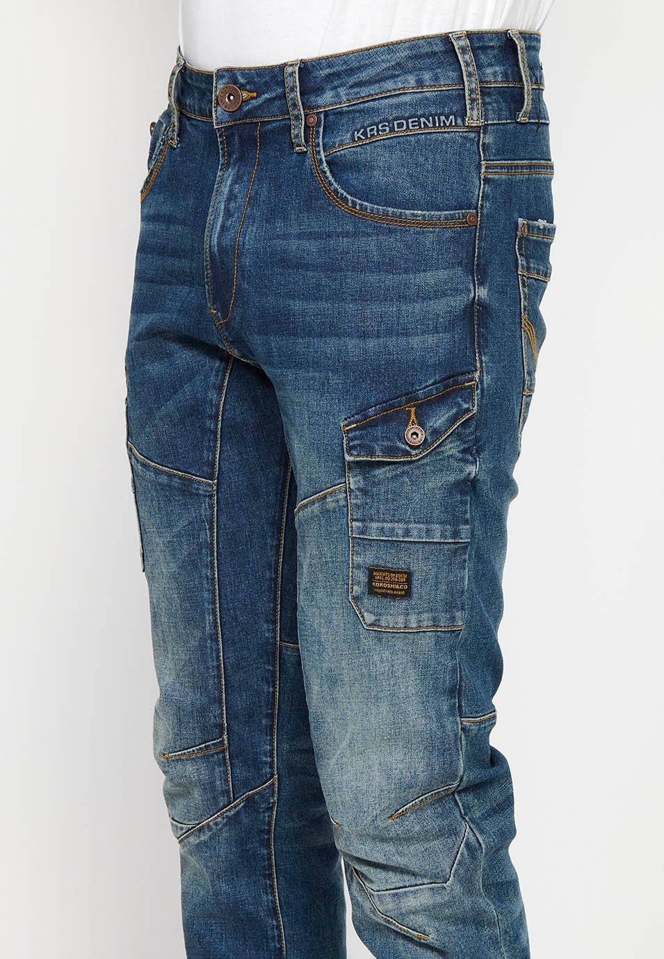Regular fit workwear cargo denim pants with front zipper and button closure with side pockets with flap in Blue for Men