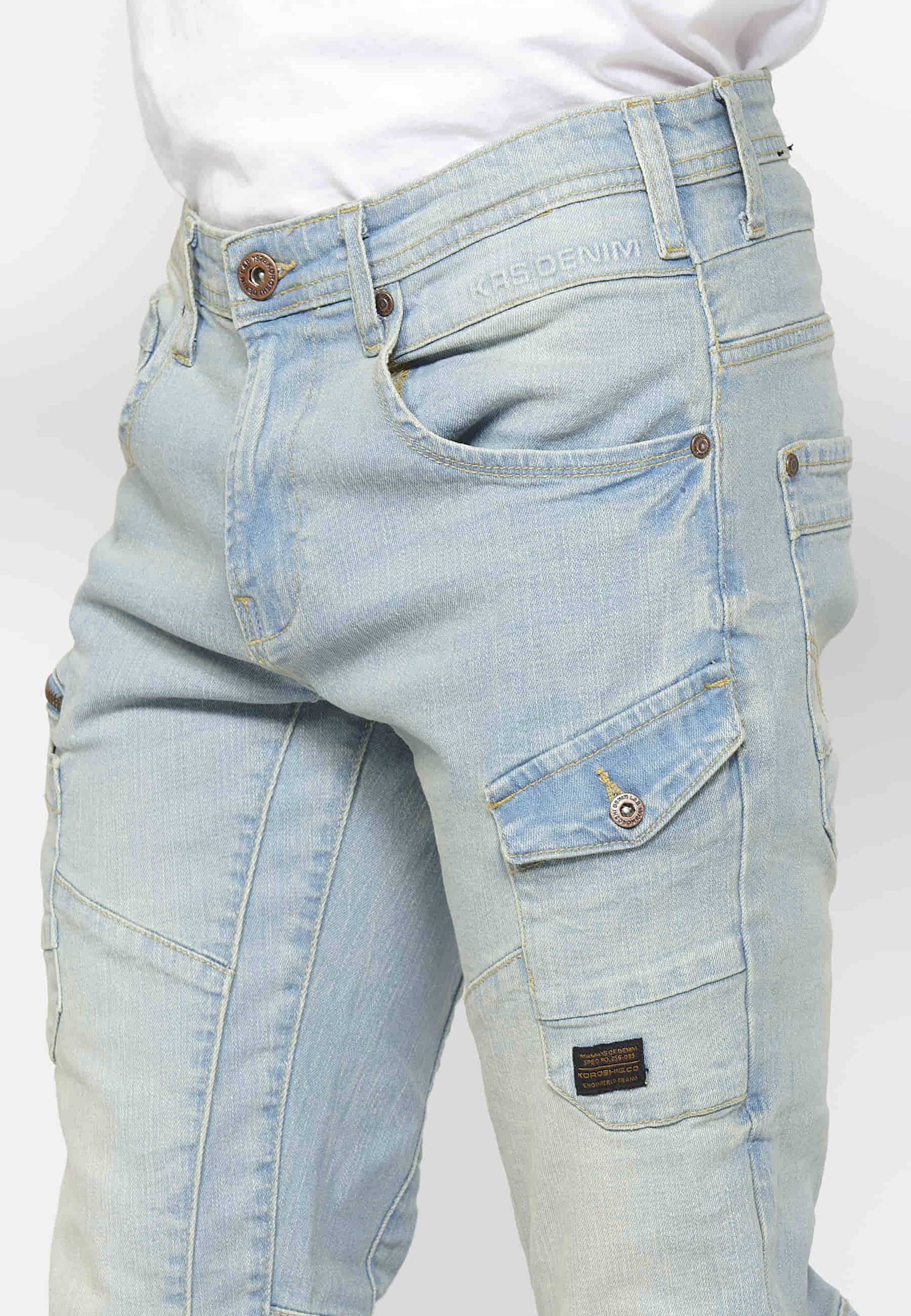 Pantalon cargo long coupe classique avec fermeture éclair et bouton sur le devant avec poches latérales en Bleu pour homme 7