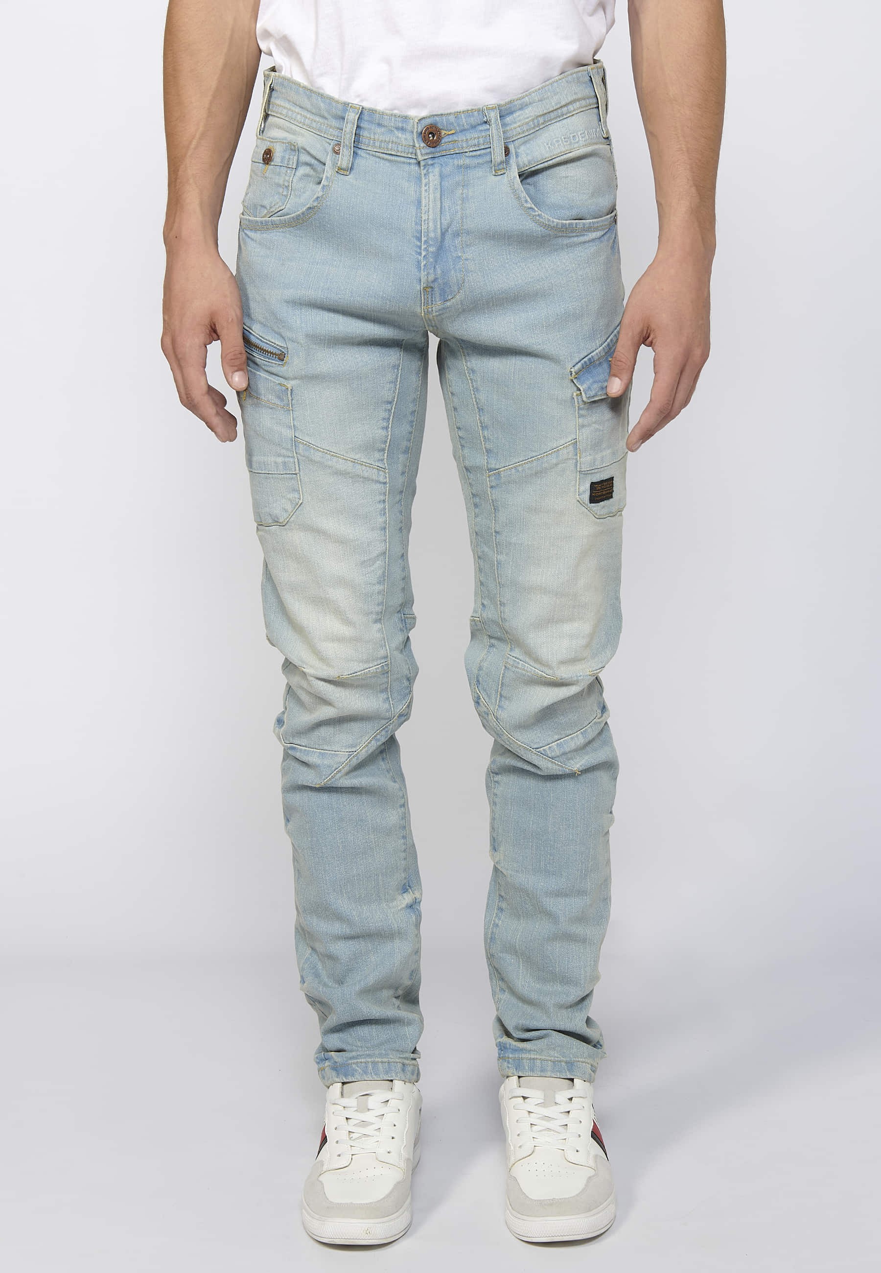 Pantalon cargo long coupe classique avec fermeture éclair et bouton sur le devant avec poches latérales en Bleu pour homme 2
