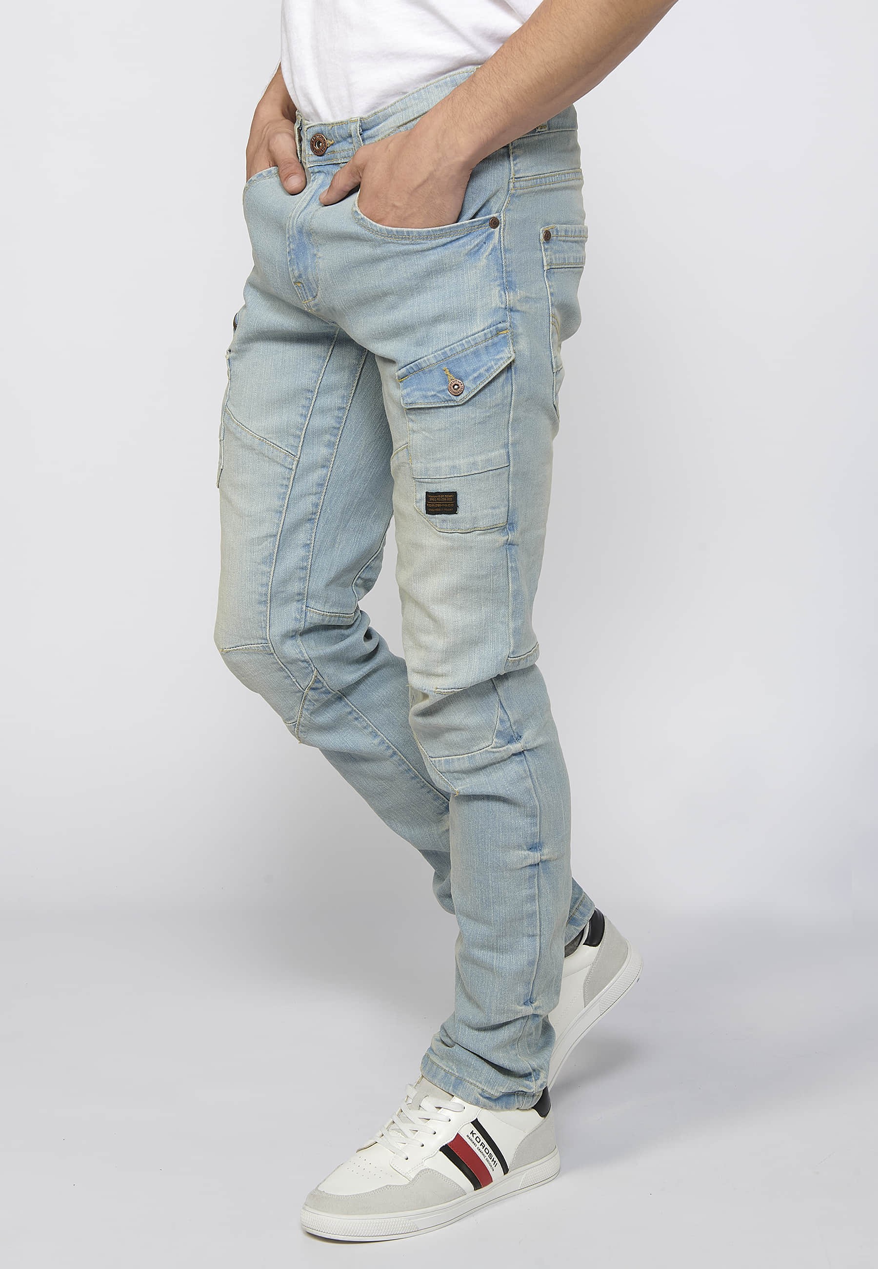 Long regular fit cargo pants with zipper and button front closure with side pockets in Blue for Men 4