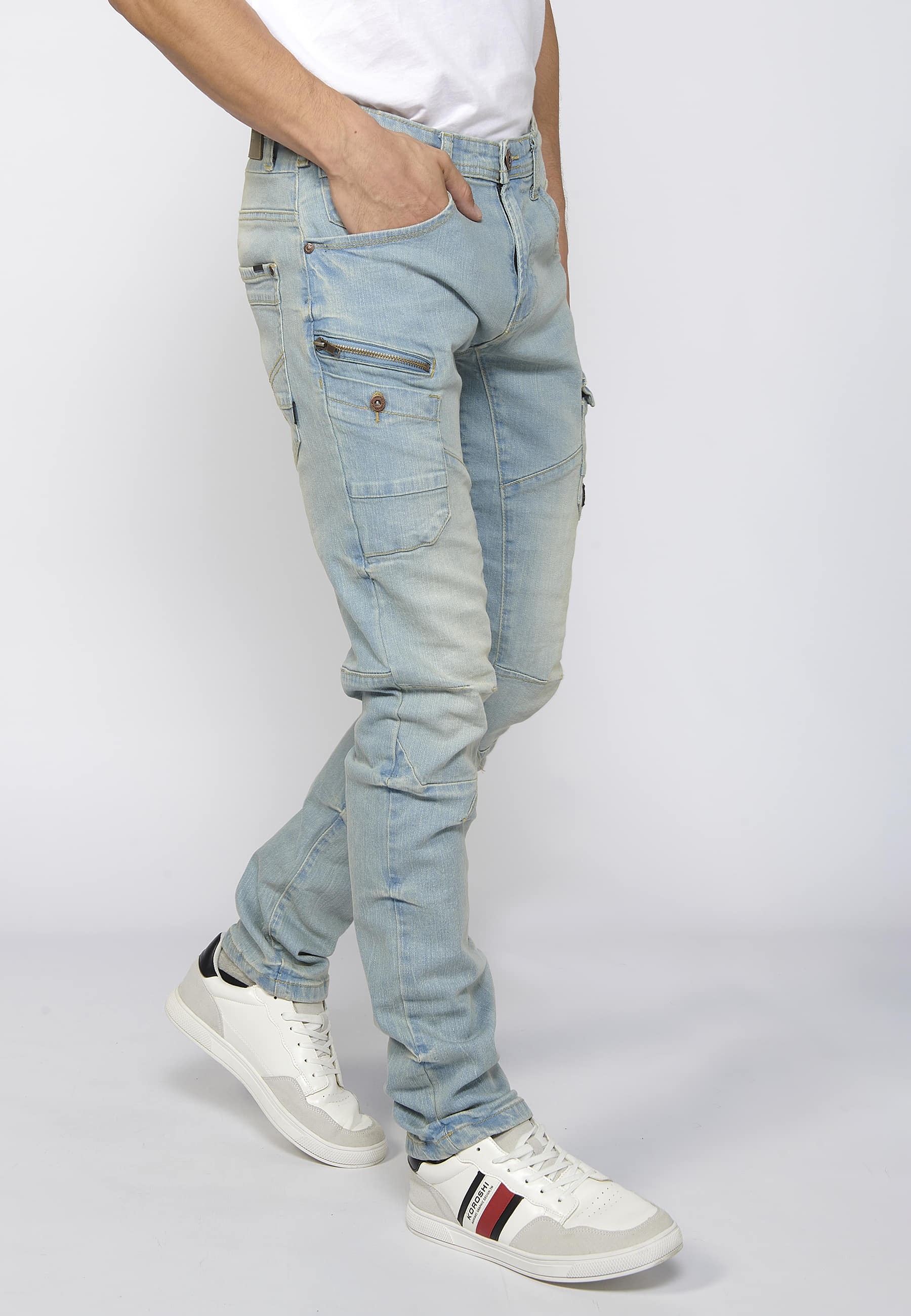 Pantalon cargo long coupe classique avec fermeture éclair et bouton sur le devant avec poches latérales en Bleu pour homme 3