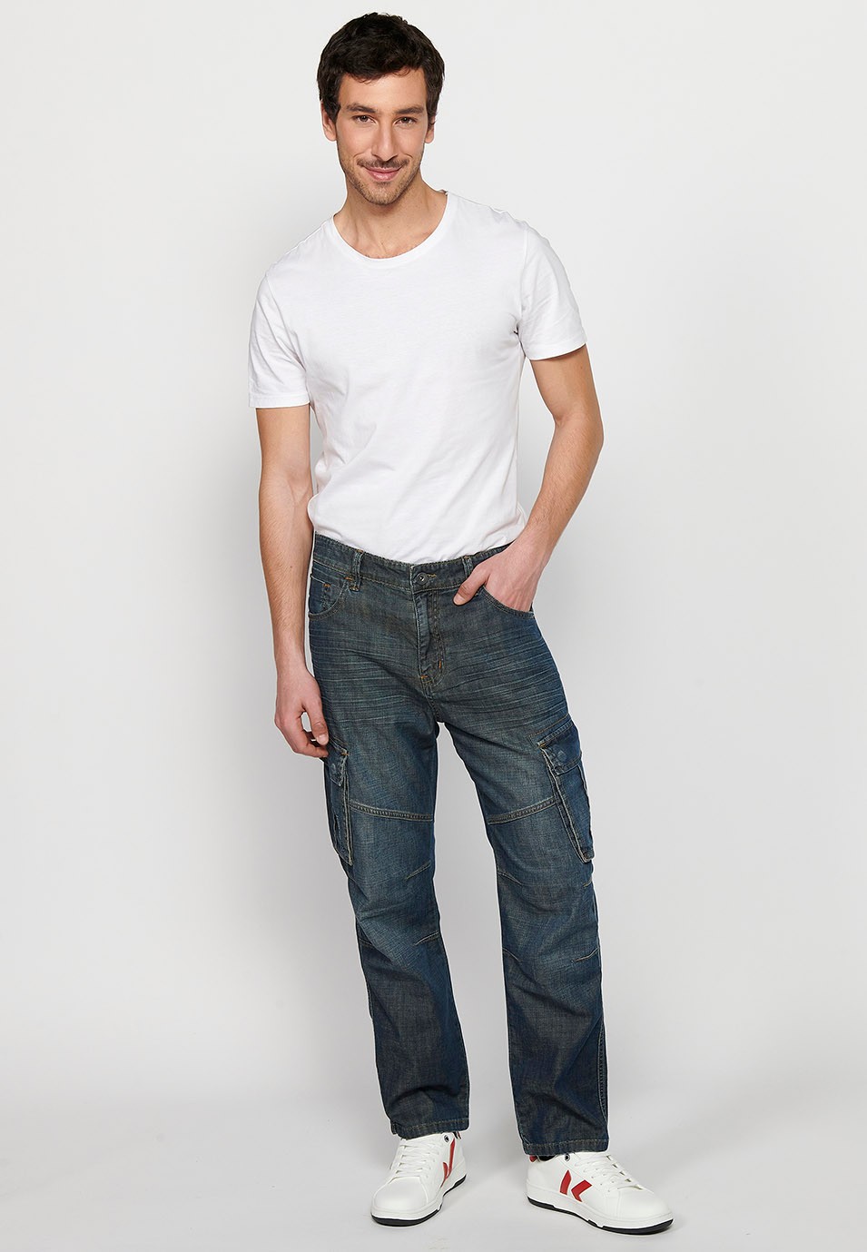 Long Cargo Pants with Front Zipper and Button Closure with Side Flap Pockets in Dark Blue for Men