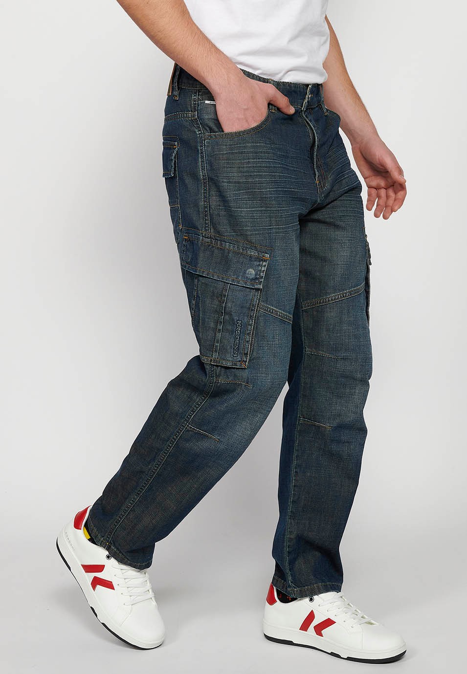 Long Cargo Pants with Front Zipper and Button Closure with Side Flap Pockets in Dark Blue for Men 1