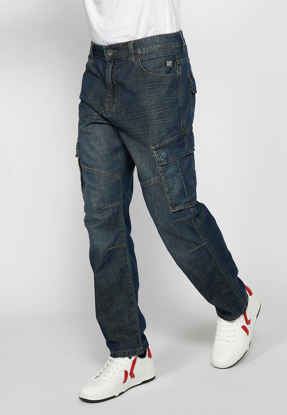 Long Cargo Pants with Front Zipper and Button Closure with Side Flap Pockets in Dark Blue for Men 3