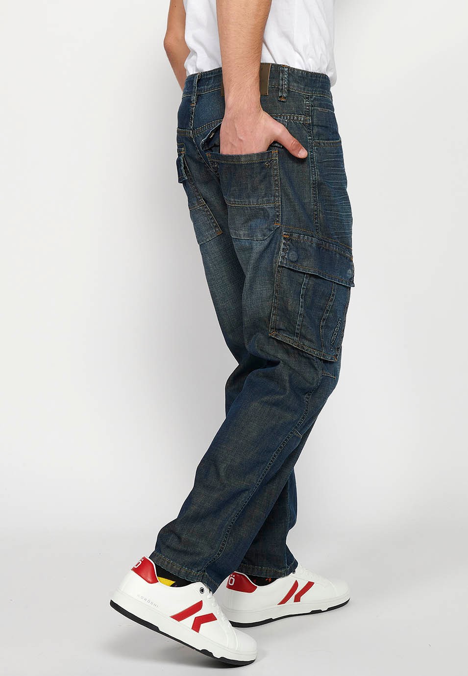 Long Cargo Pants with Front Zipper and Button Closure with Side Flap Pockets in Dark Blue for Men 9
