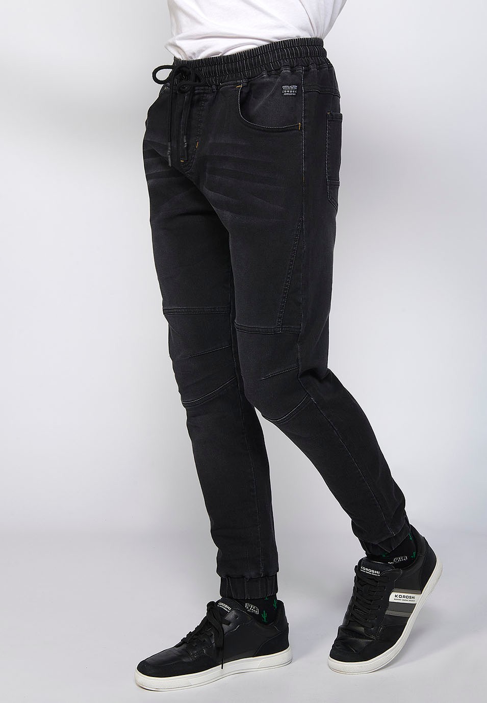 Long slim jogger pants fitted at the ankles with adjustable elastic waist and drawstring in Black for Men 2