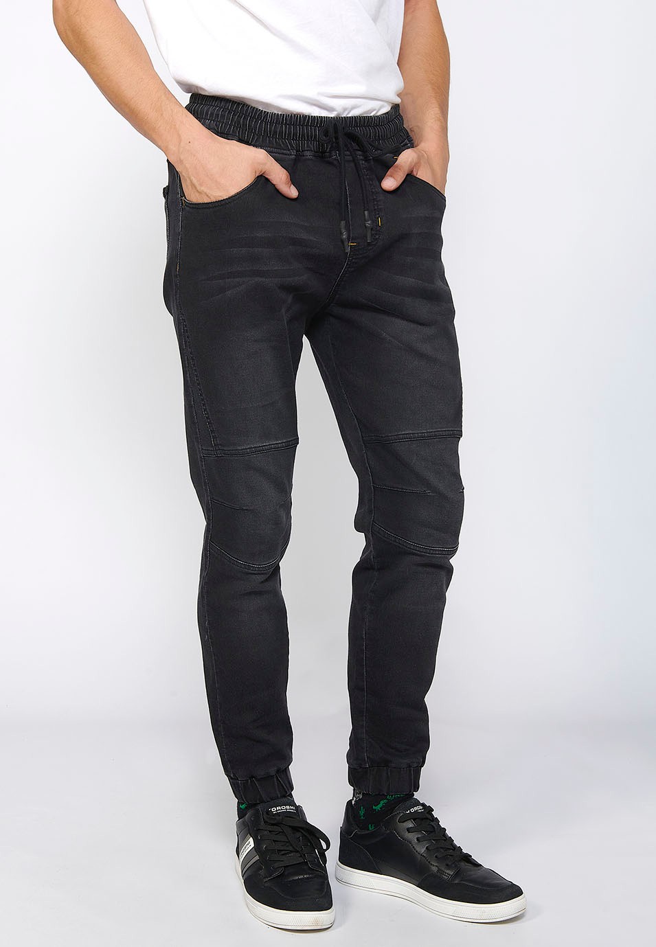 Long slim jogger pants fitted at the ankles with adjustable elastic waist and drawstring in Black for Men 3