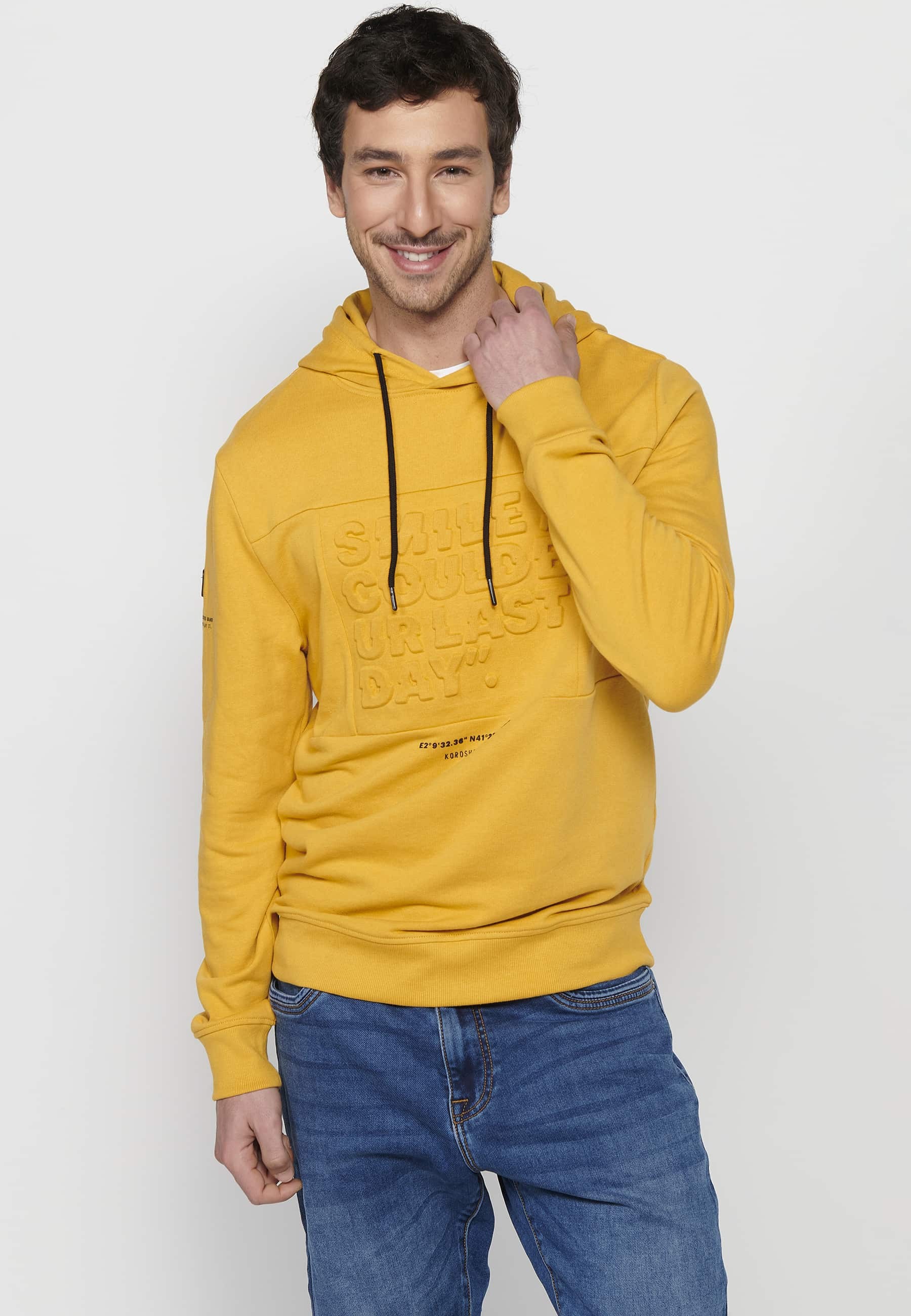 Long-sleeved sweatshirt with ribbed finishes and hooded collar with front detail of embossed letters in Yellow for Men