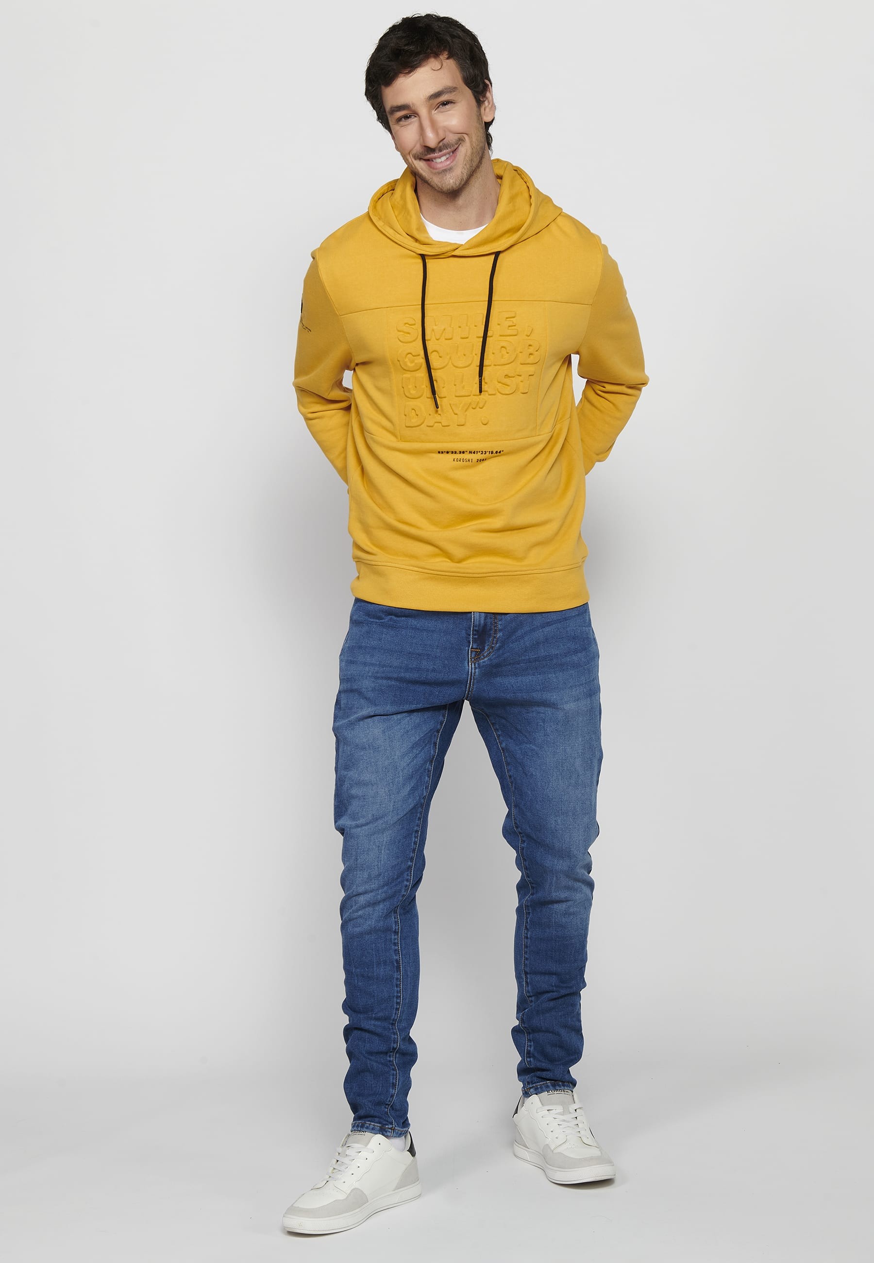 Long-sleeved sweatshirt with ribbed finishes and hooded collar with front detail of embossed letters in Yellow for Men 2