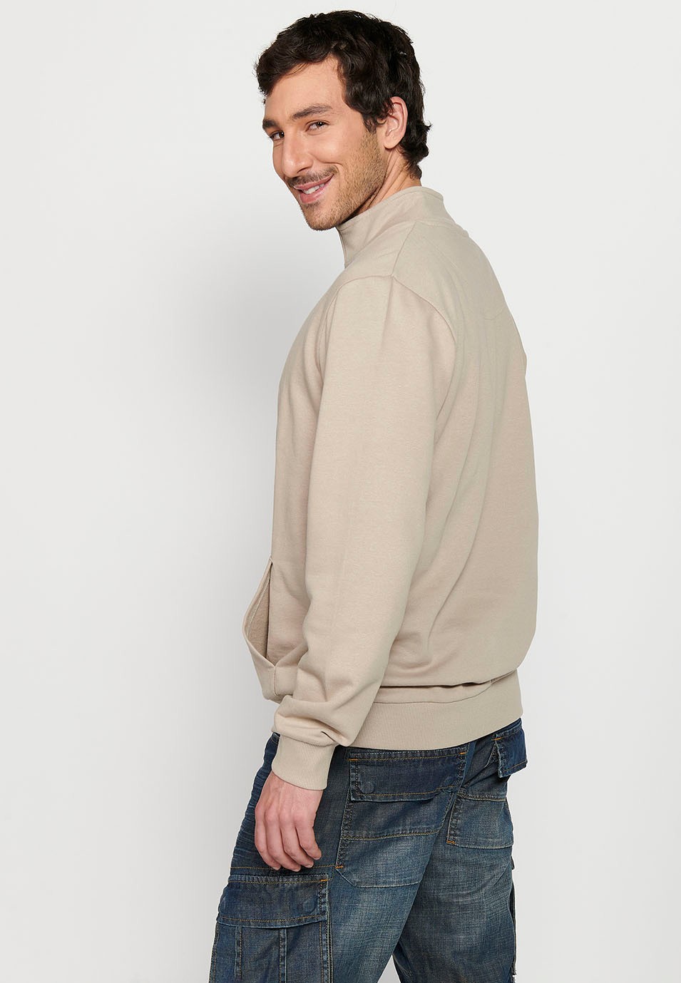 Sweat-shirt à manches longues et col roulé pour hommes, couleur pierre, détail sur le devant, fermeture éclair