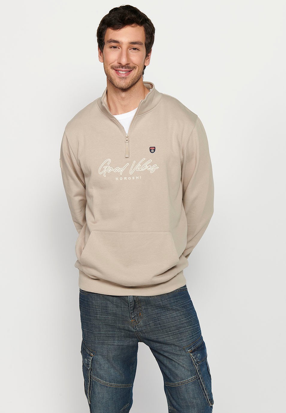 Sweat-shirt à manches longues et col roulé pour hommes, couleur pierre, détail sur le devant, fermeture éclair