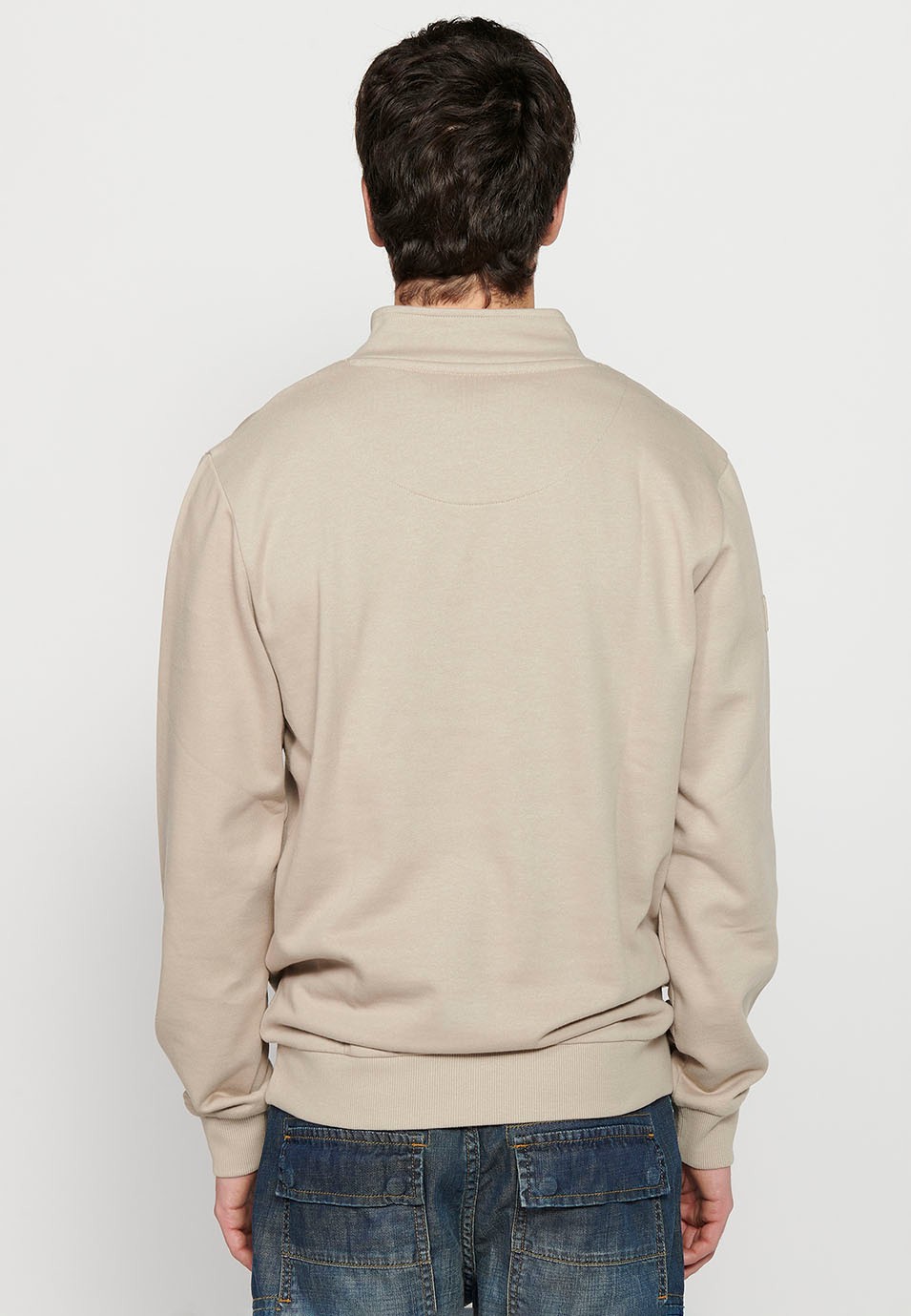 Sweat-shirt à manches longues et col roulé pour hommes, couleur pierre, détail sur le devant, fermeture éclair