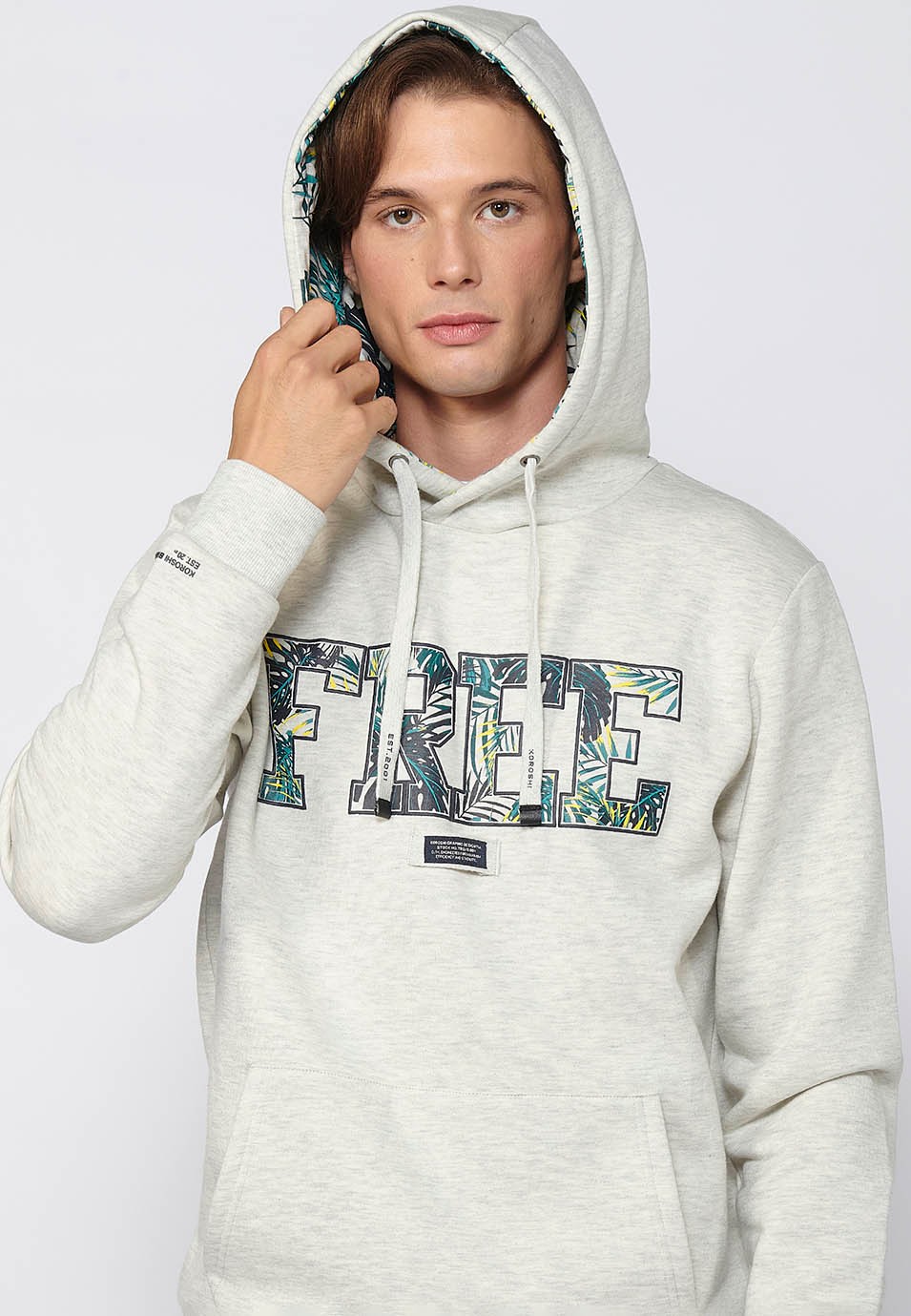 Long-sleeved sweatshirt with adjustable hooded collar with drawstring and front letters in Ecru for Men