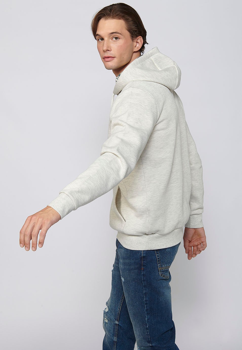 Long-sleeved sweatshirt with adjustable hooded collar with drawstring and front letters in Ecru for Men