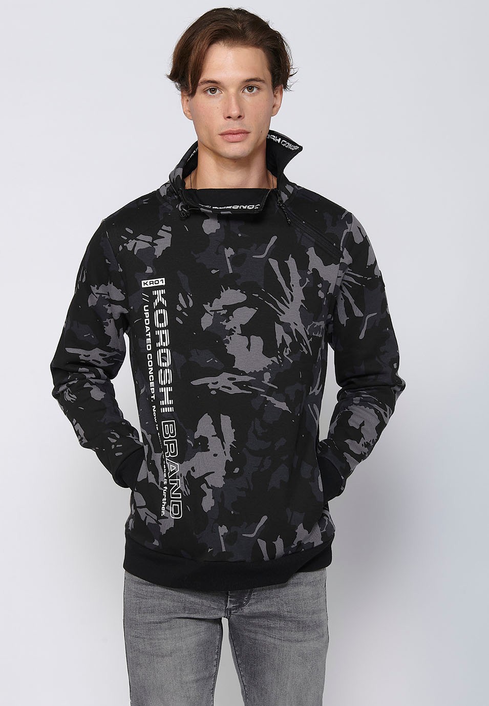 Long-sleeved sweatshirt with high neck, zipper and front printed detail in Black for Men