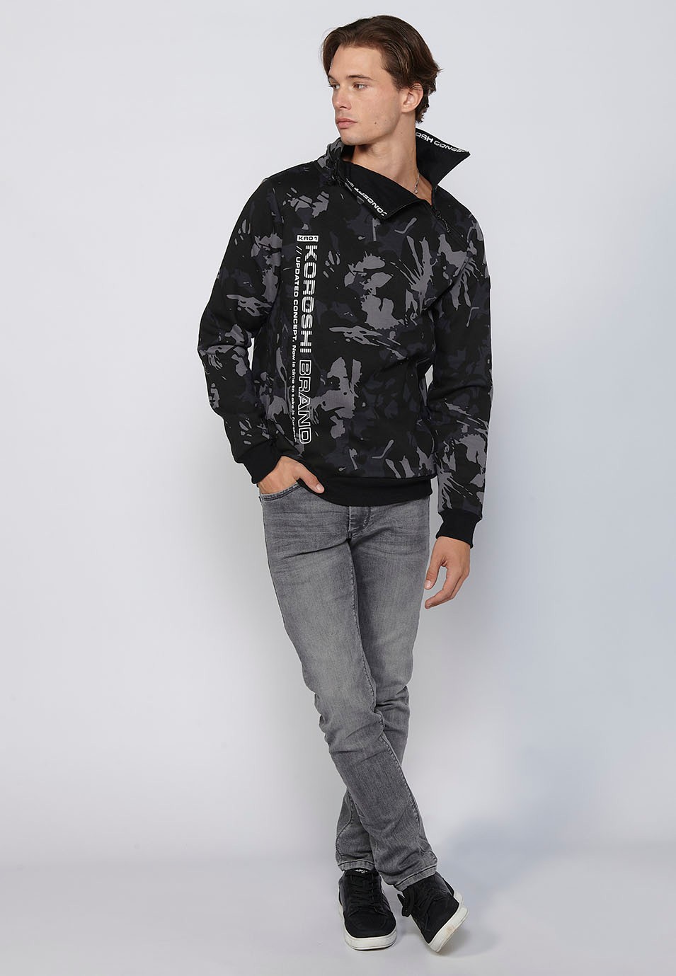 Long-sleeved sweatshirt with high neck, zipper and front printed detail in Black for Men