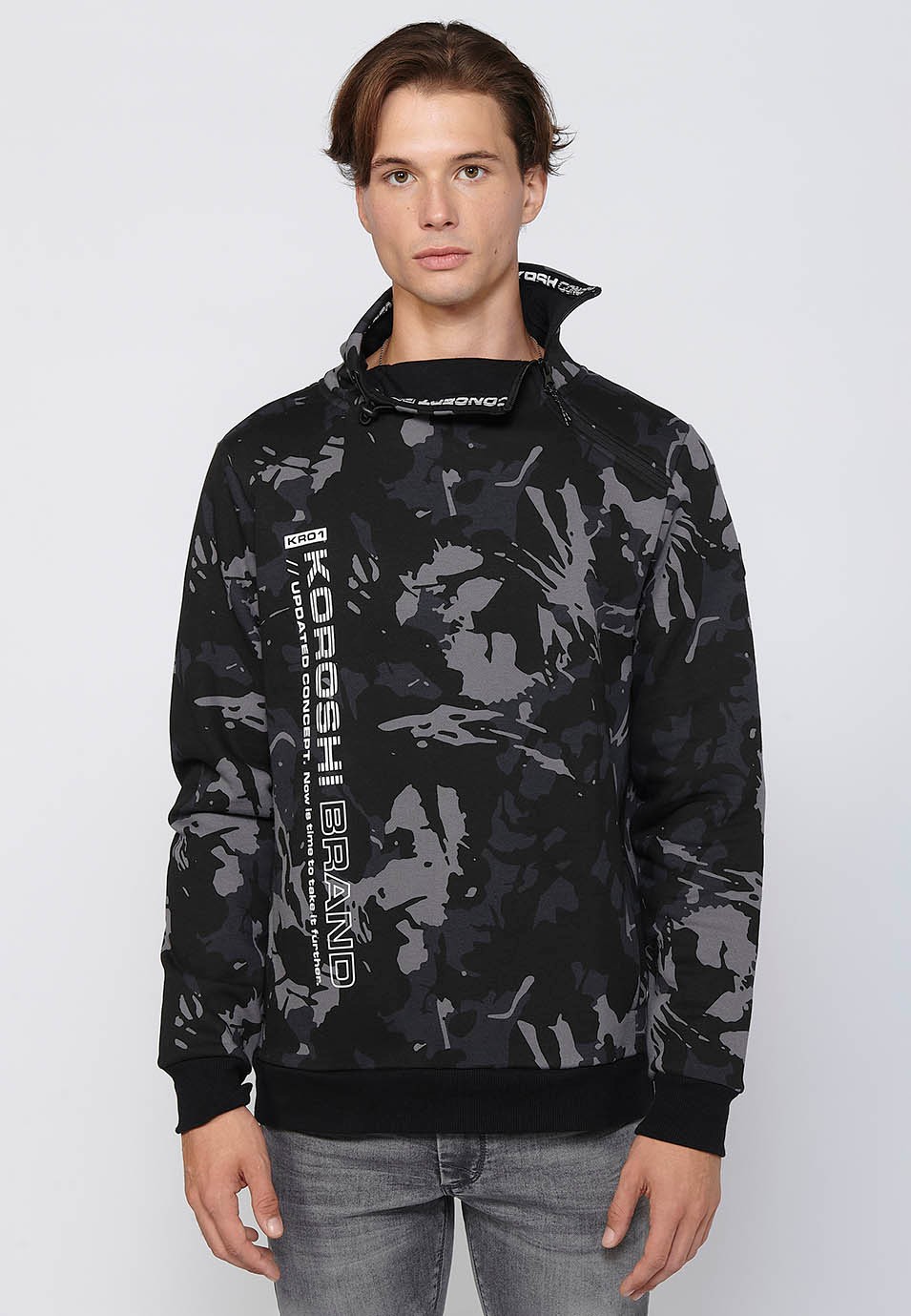 Long-sleeved sweatshirt with high neck, zipper and front printed detail in Black for Men