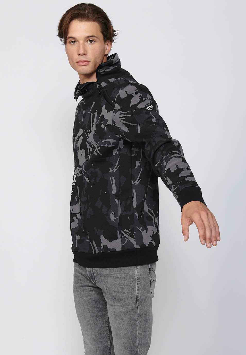 Long-sleeved sweatshirt with high neck, zipper and front printed detail in Black for Men