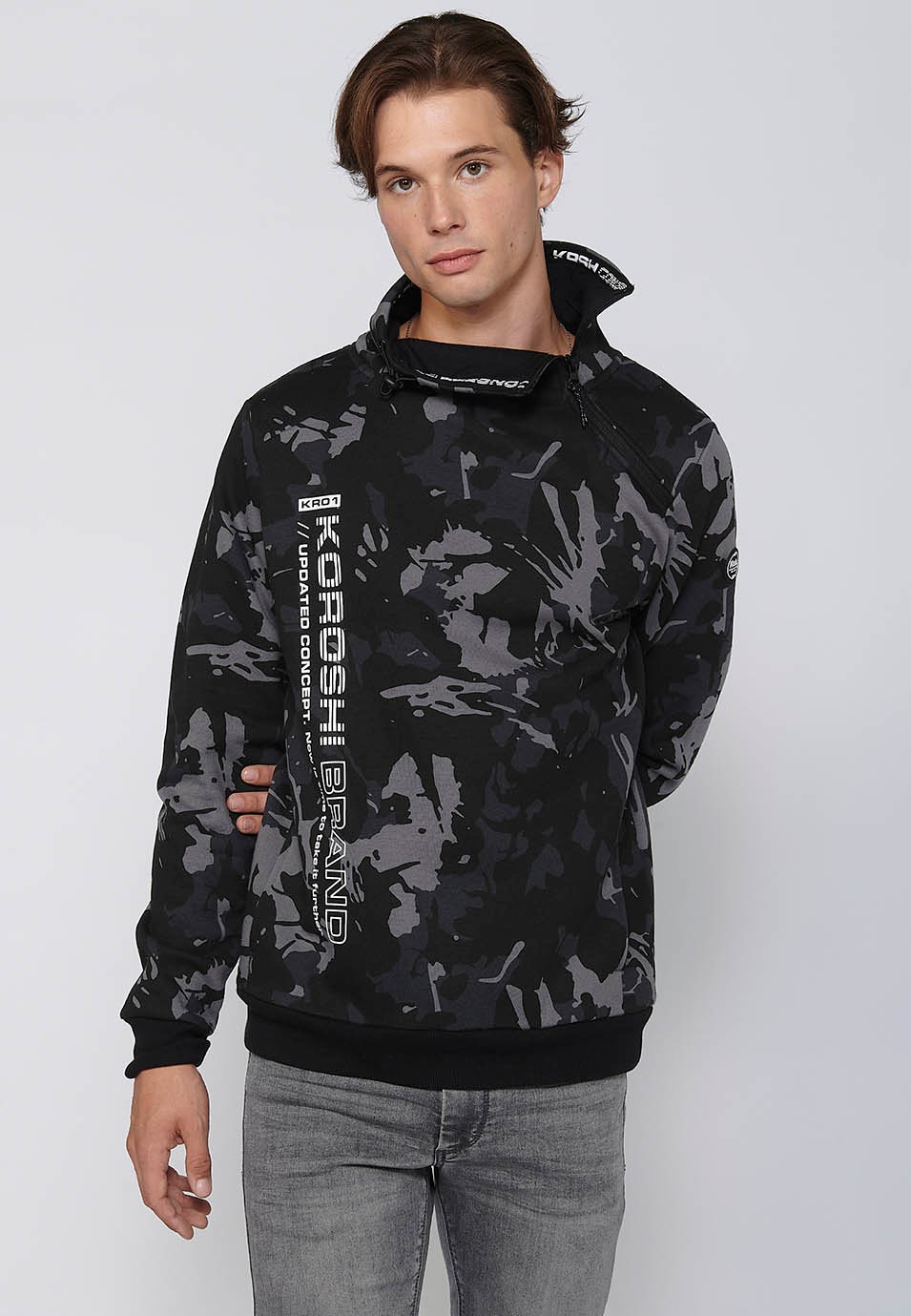 Long-sleeved sweatshirt with high neck, zipper and front printed detail in Black for Men