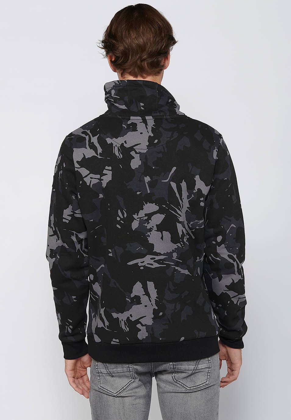 Long-sleeved sweatshirt with high neck, zipper and front printed detail in Black for Men