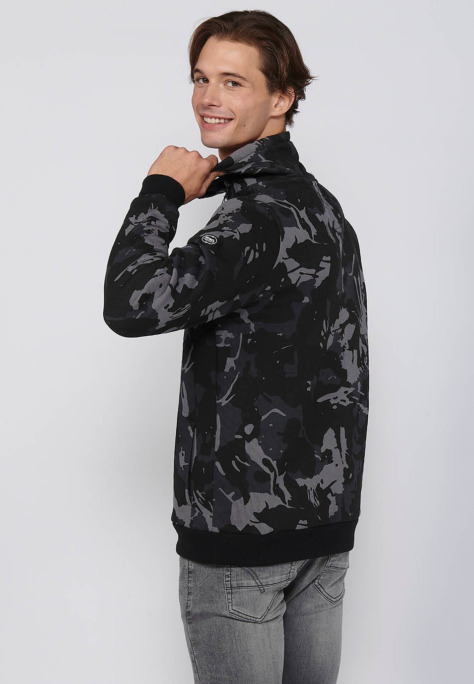 Long-sleeved sweatshirt with high neck, zipper and front printed detail in Black for Men