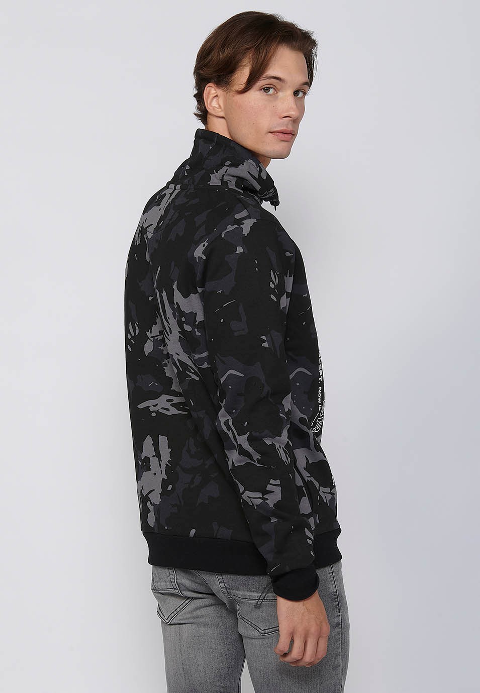 Long-sleeved sweatshirt with high neck, zipper and front printed detail in Black for Men