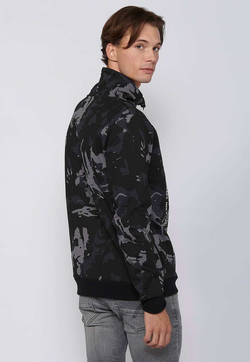 Sudadera de manga larga con cuello alto con cremallera y detalle estampado delantero color negro para hombre | Ropa Casual