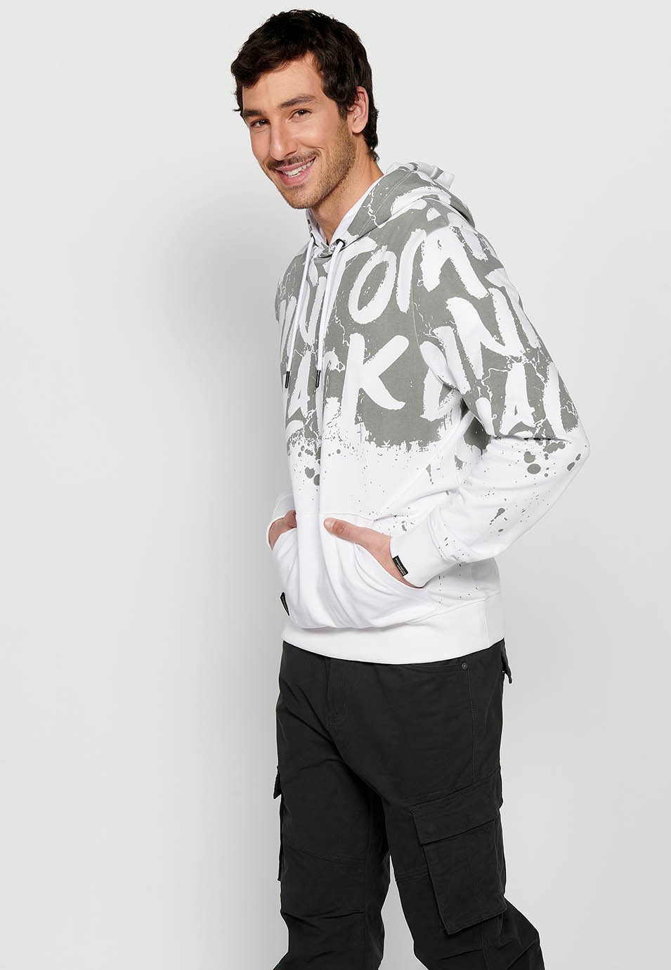 Men's White Color Front Print Drawstring Adjustable Hooded Neck Long Sleeve Sweatshirt