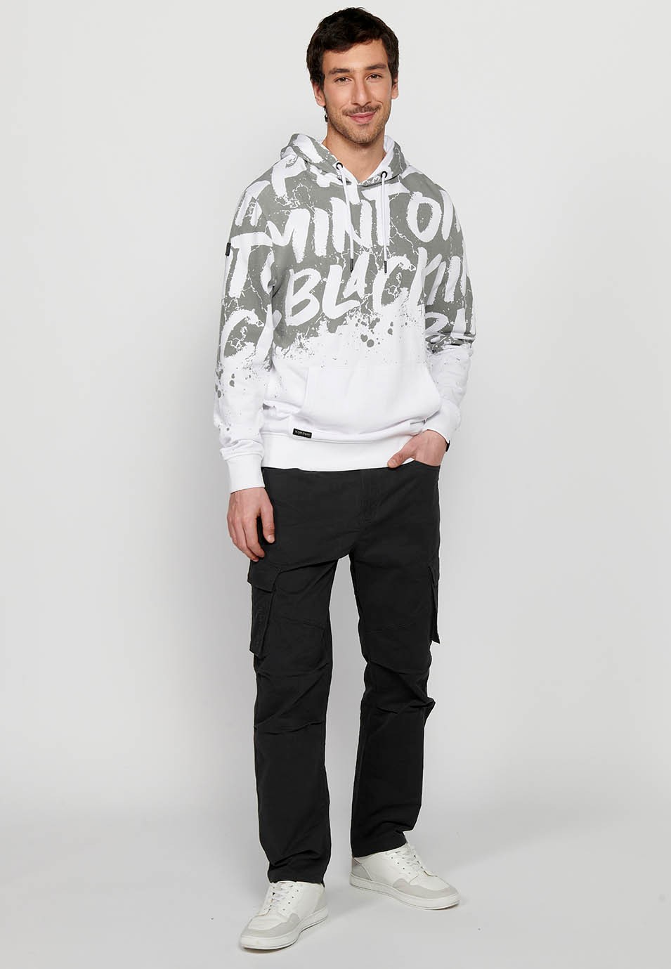 Men's White Color Front Print Drawstring Adjustable Hooded Neck Long Sleeve Sweatshirt