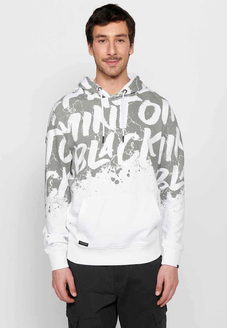 Men's White Color Front Print Drawstring Adjustable Hooded Neck Long Sleeve Sweatshirt