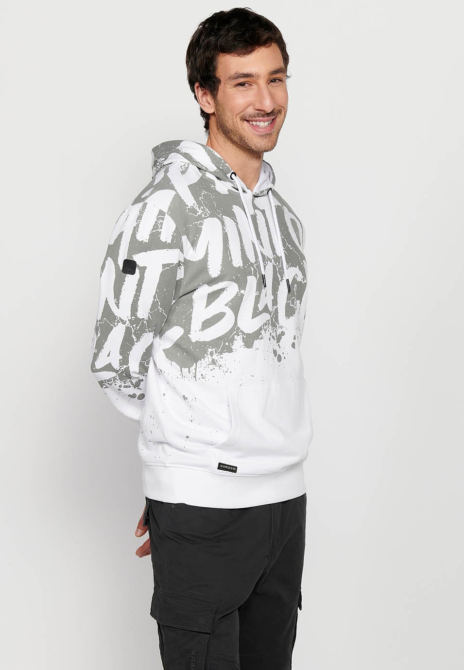 Men's White Color Front Print Drawstring Adjustable Hooded Neck Long Sleeve Sweatshirt