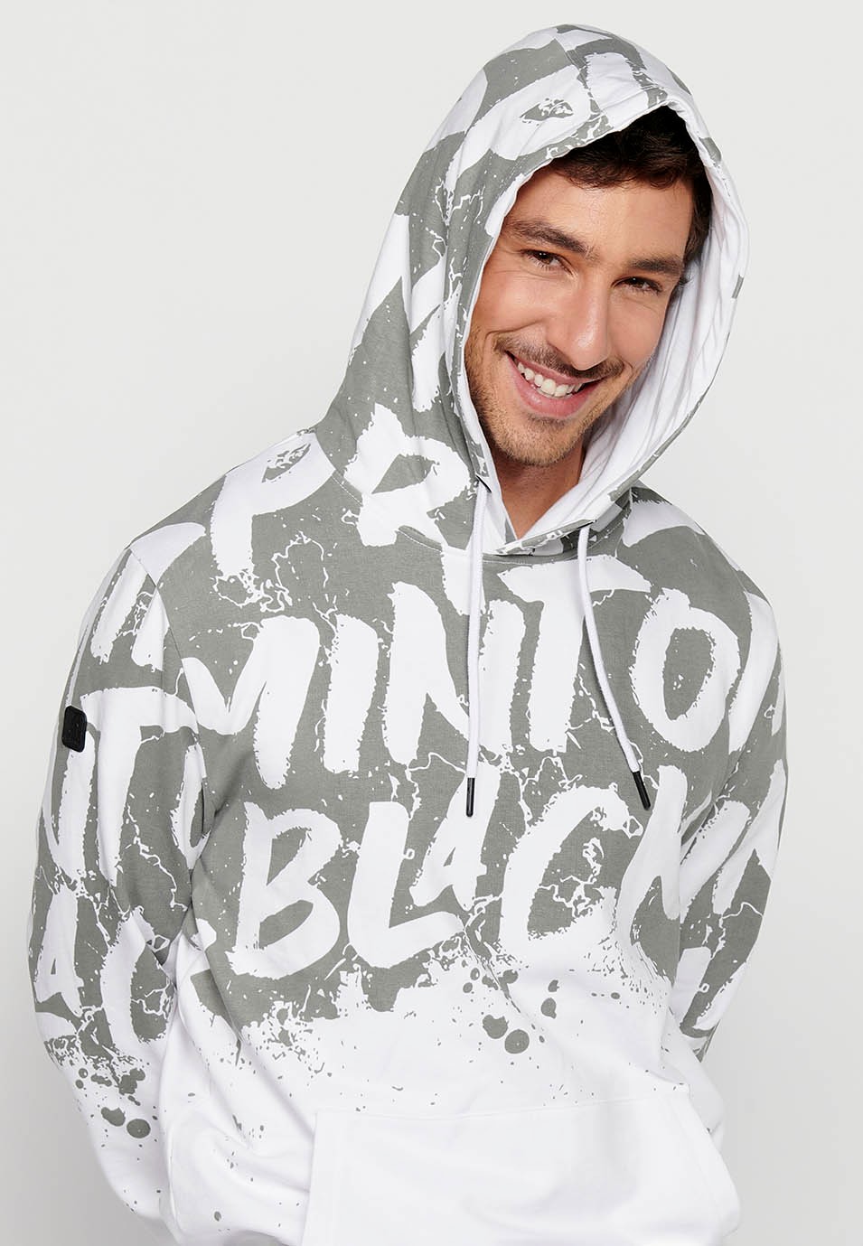 Men's White Color Front Print Drawstring Adjustable Hooded Neck Long Sleeve Sweatshirt