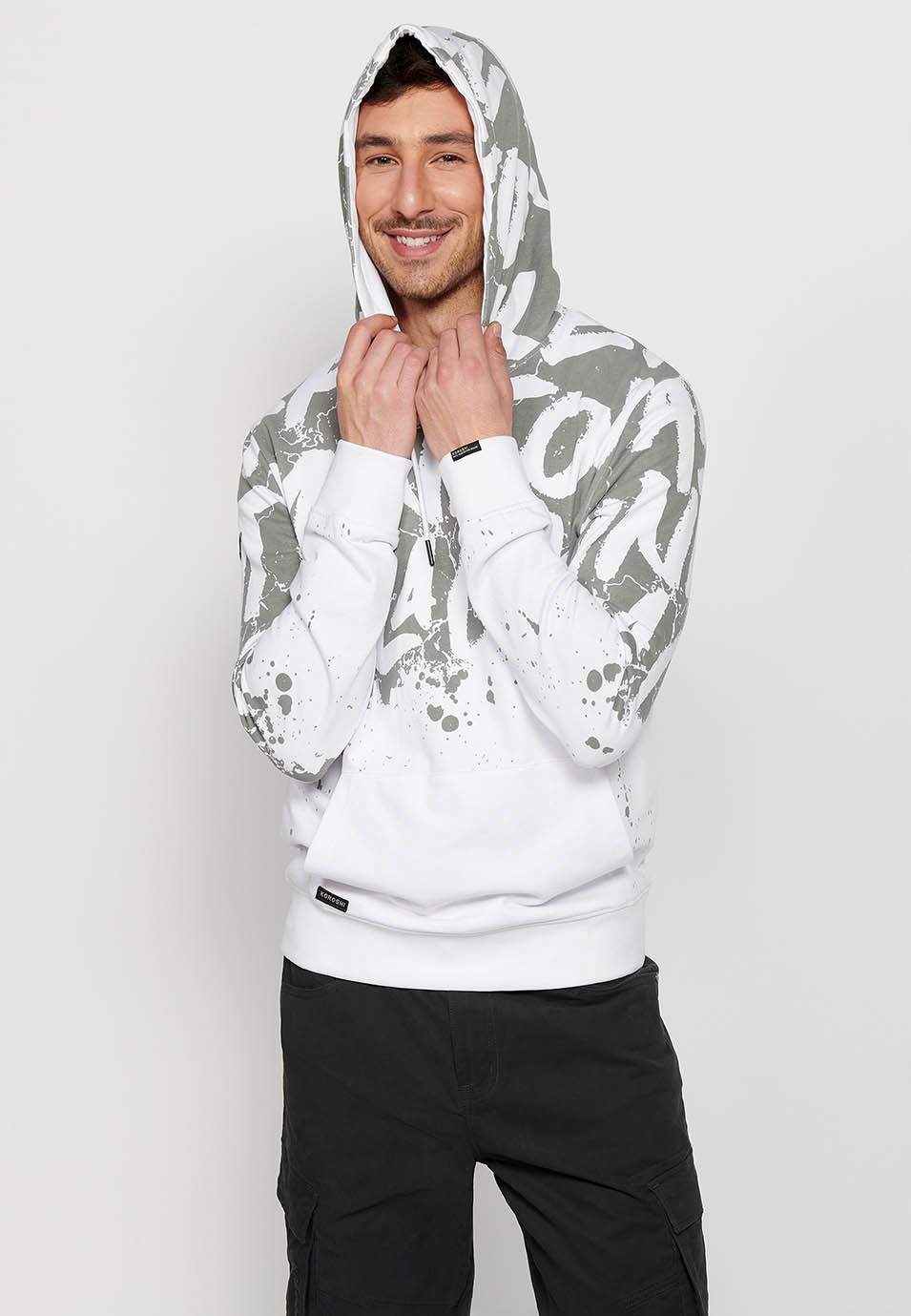 Men's White Color Front Print Drawstring Adjustable Hooded Neck Long Sleeve Sweatshirt