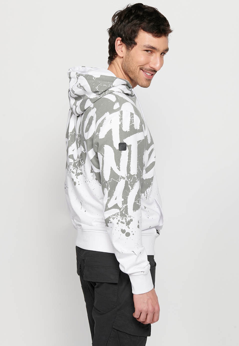 Men's White Color Front Print Drawstring Adjustable Hooded Neck Long Sleeve Sweatshirt