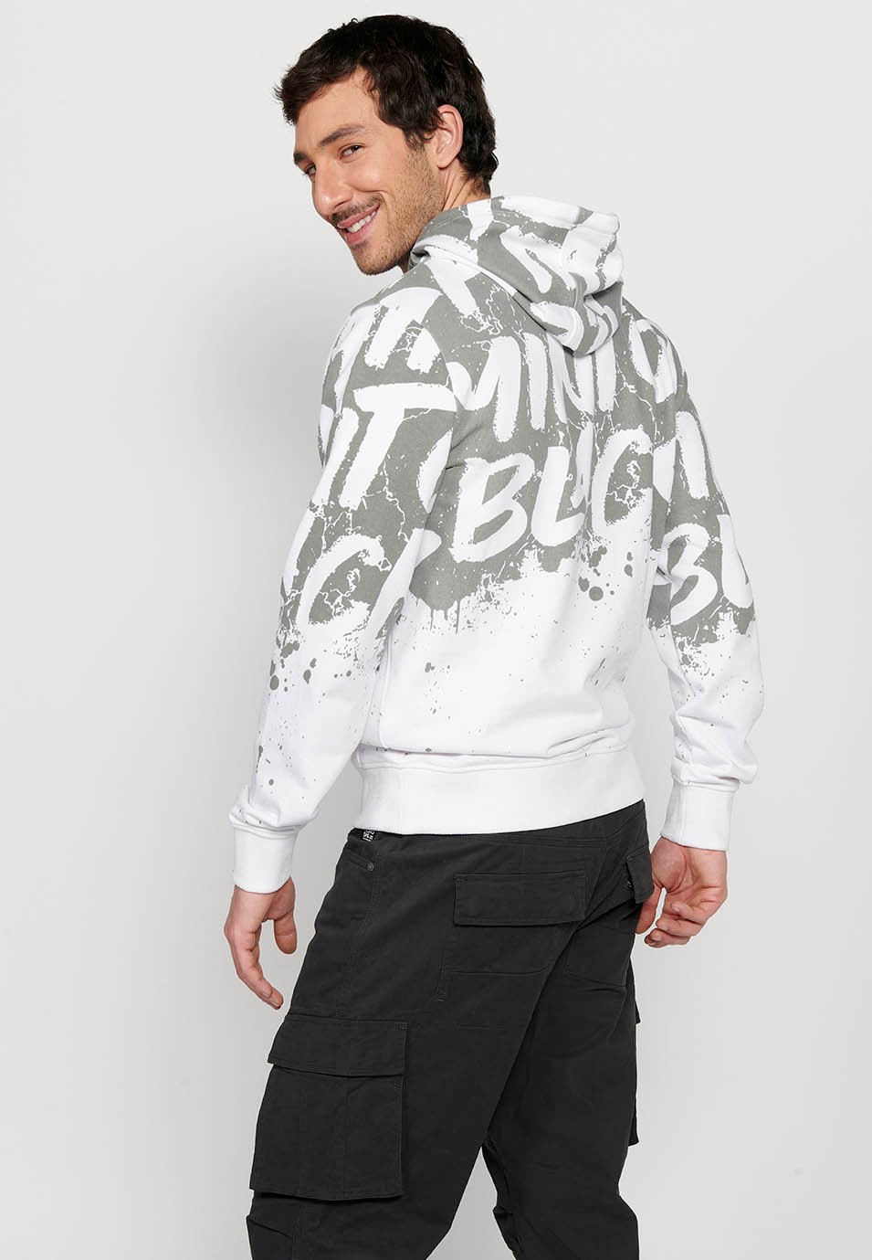 Men's White Color Front Print Drawstring Adjustable Hooded Neck Long Sleeve Sweatshirt