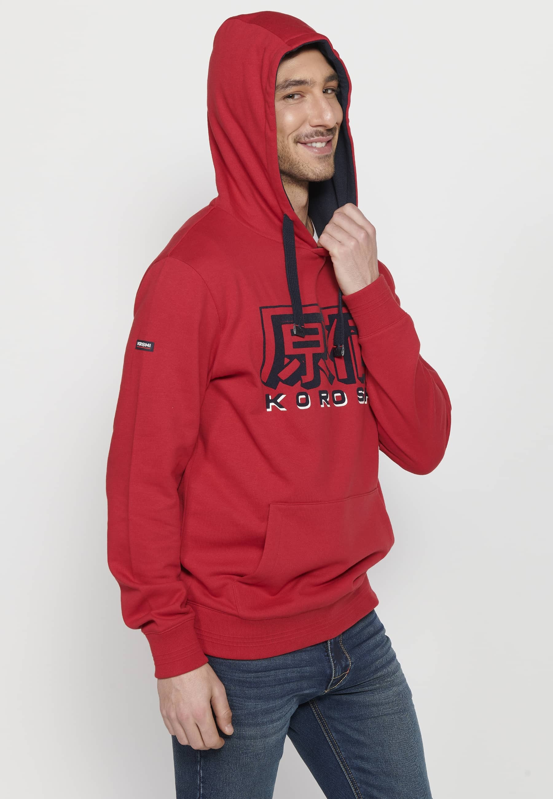 Men's Red Color Long Sleeve Hooded Sweatshirt with Front Embossed Detail 5