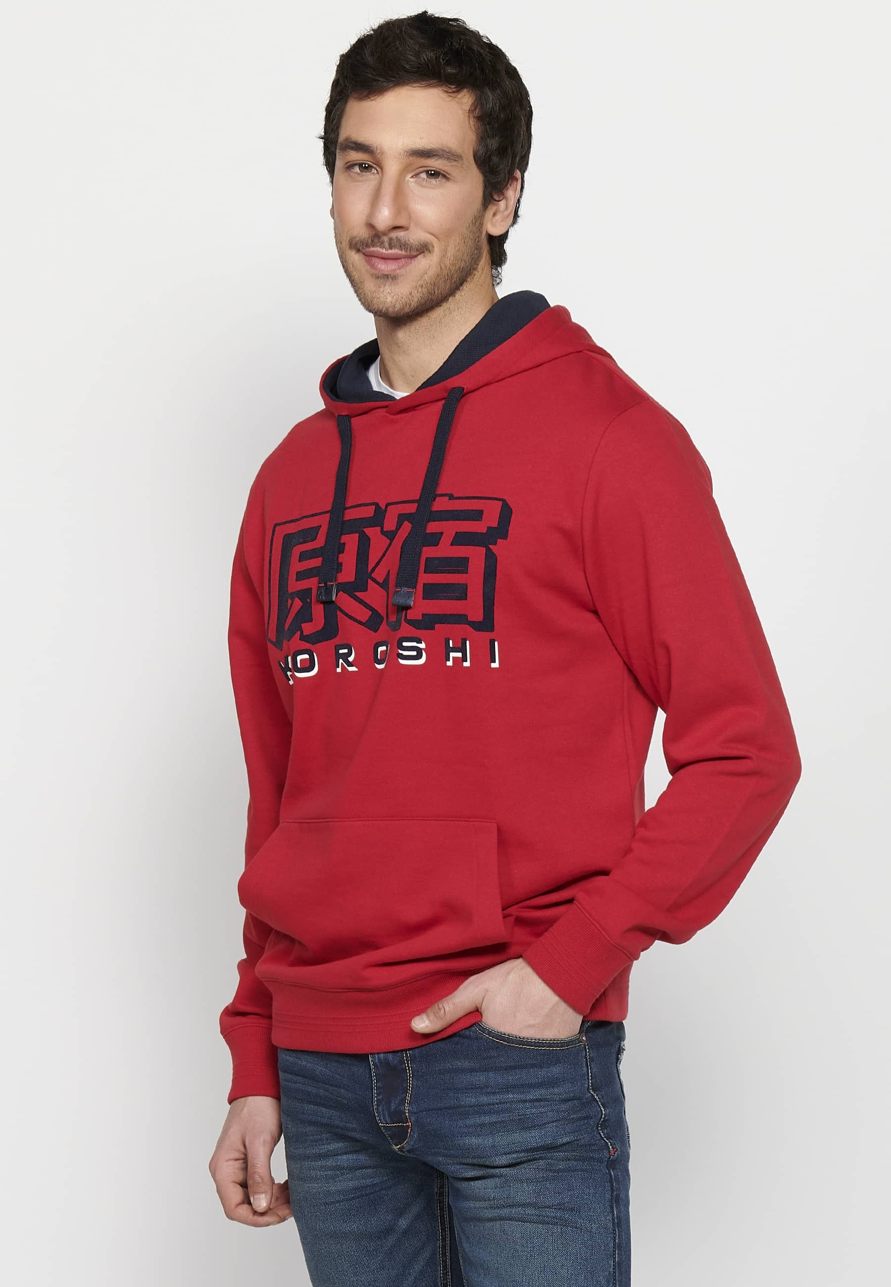 Men's Red Color Long Sleeve Hooded Sweatshirt with Front Embossed Detail