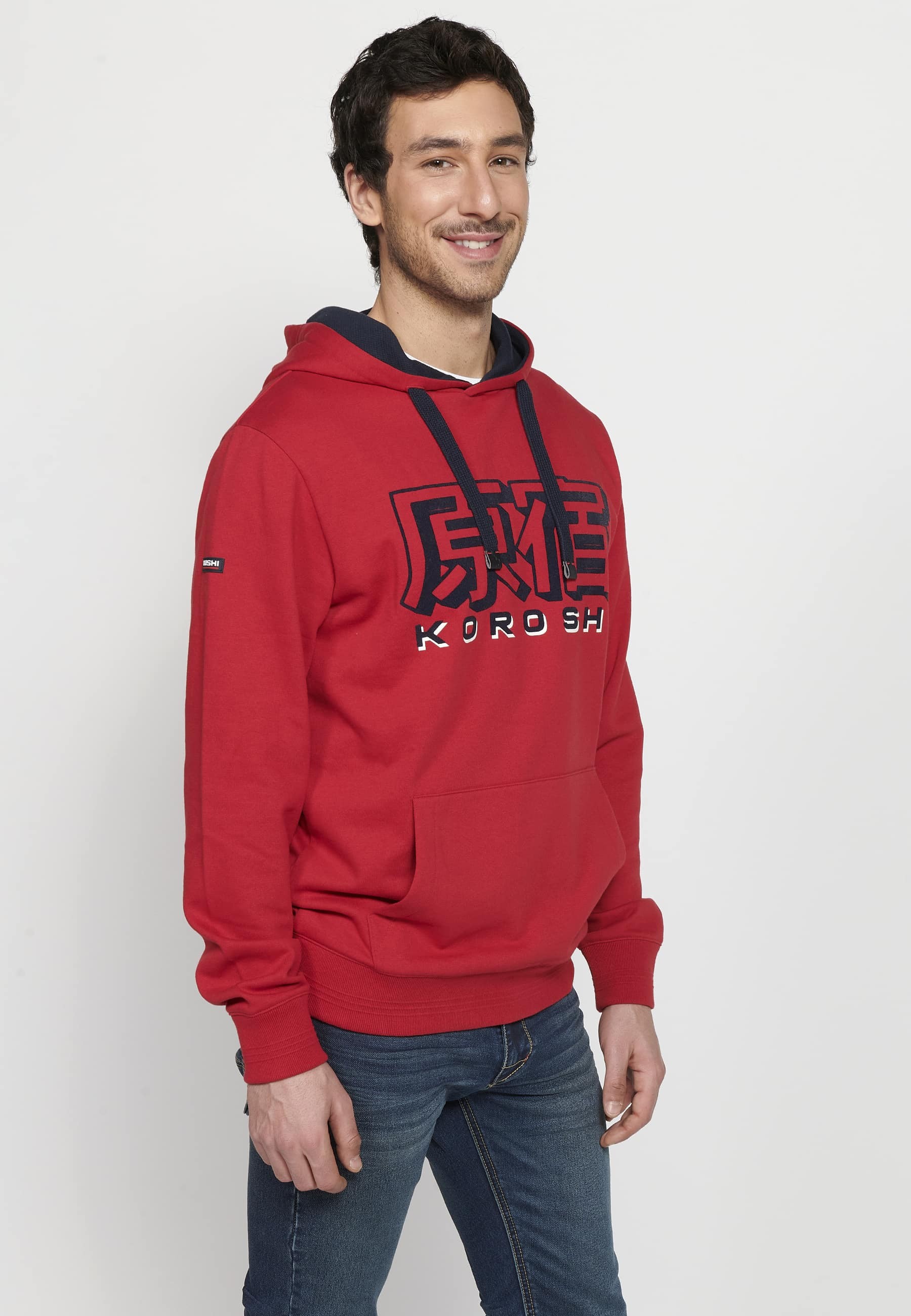 Men's Red Color Long Sleeve Hooded Sweatshirt with Front Embossed Detail 1