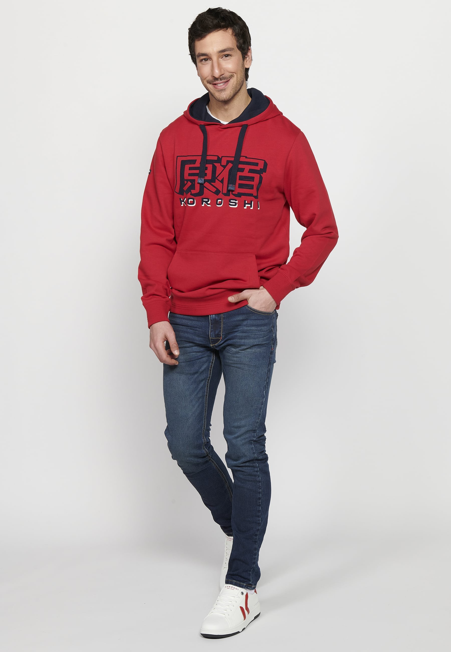 Men's Red Color Long Sleeve Hooded Sweatshirt with Front Embossed Detail 2