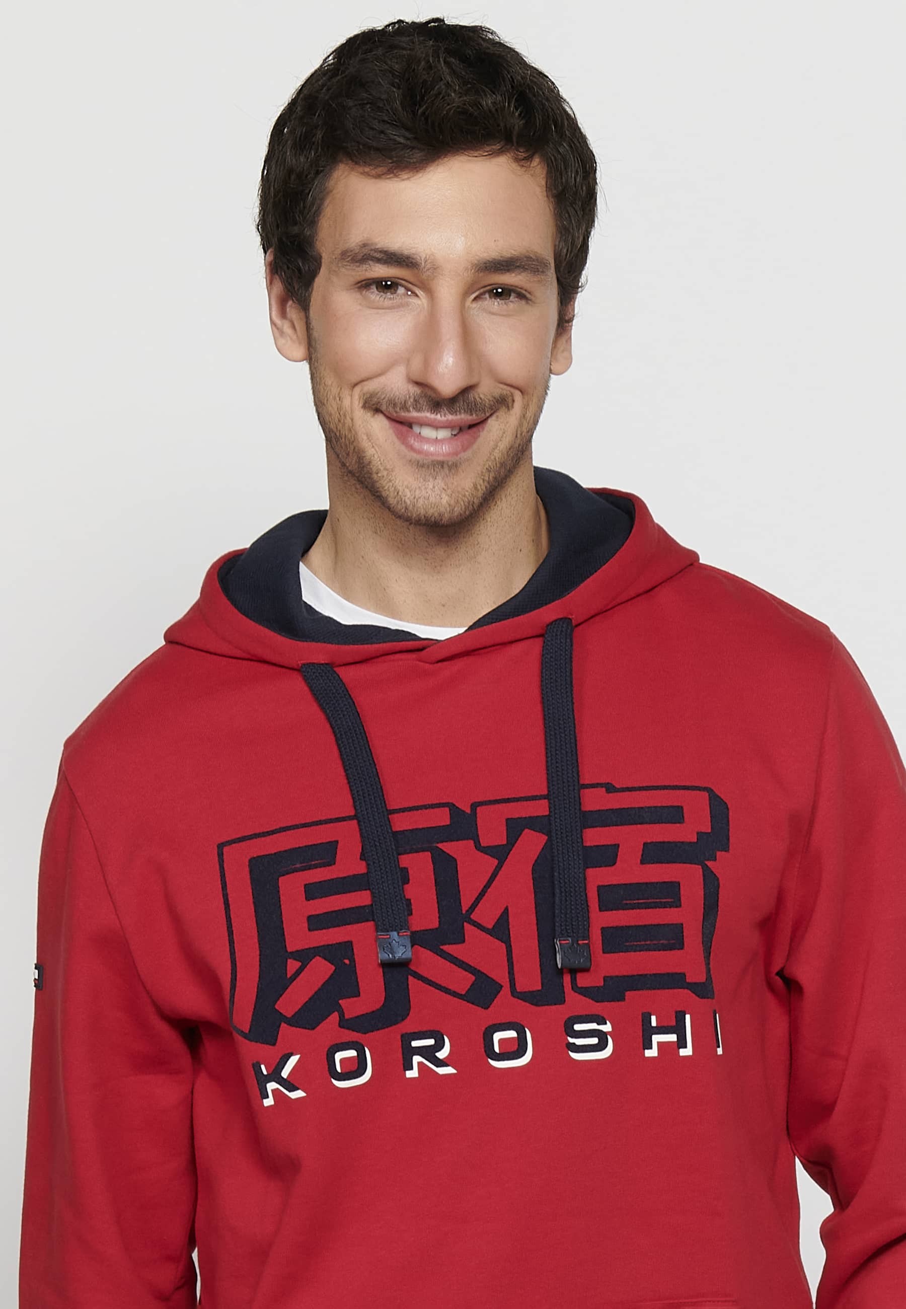 Men's Red Color Long Sleeve Hooded Sweatshirt with Front Embossed Detail 4