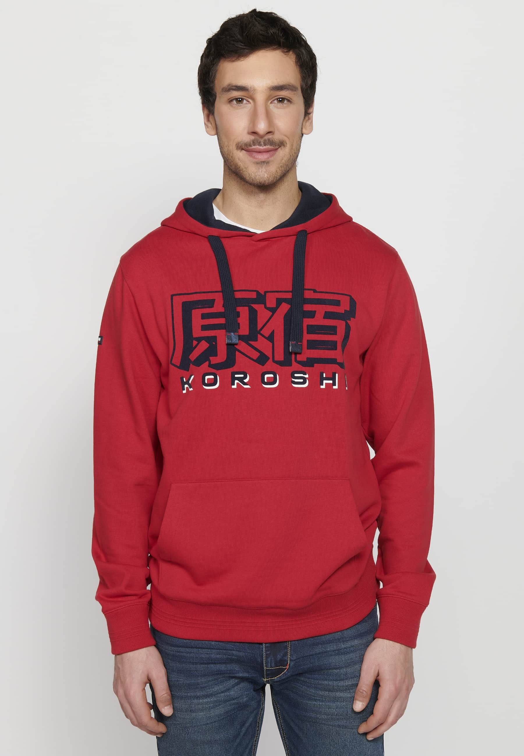 Men's Red Color Long Sleeve Hooded Sweatshirt with Front Embossed Detail 3