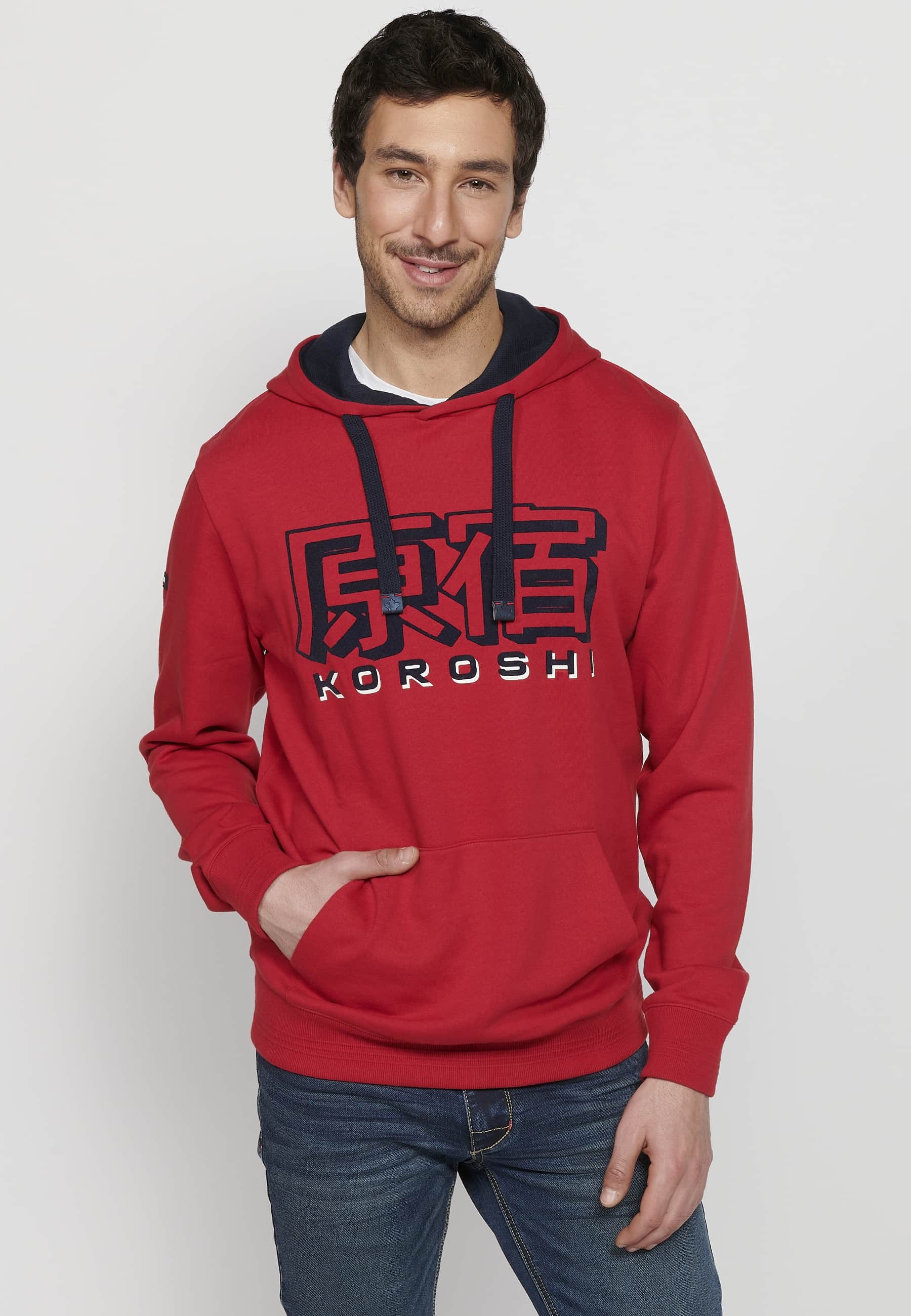 Men's Red Color Long Sleeve Hooded Sweatshirt with Front Embossed Detail 9