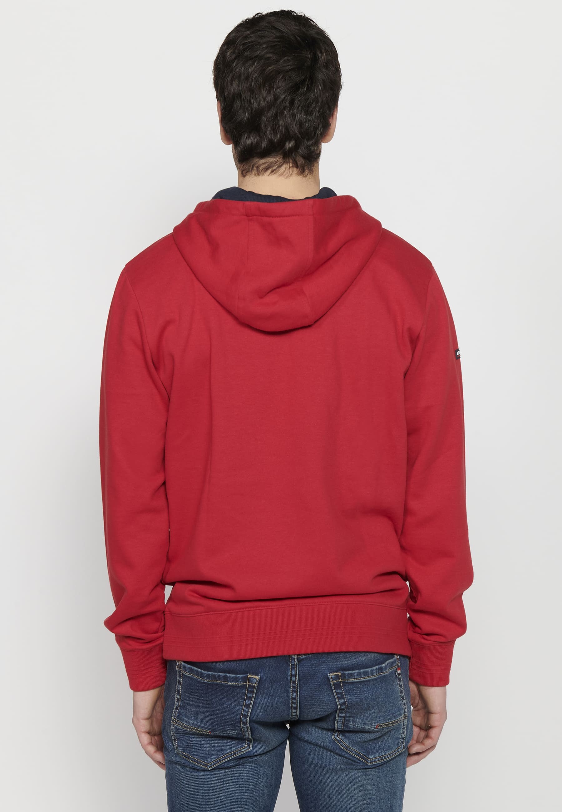 Men's Red Color Long Sleeve Hooded Sweatshirt with Front Embossed Detail 8